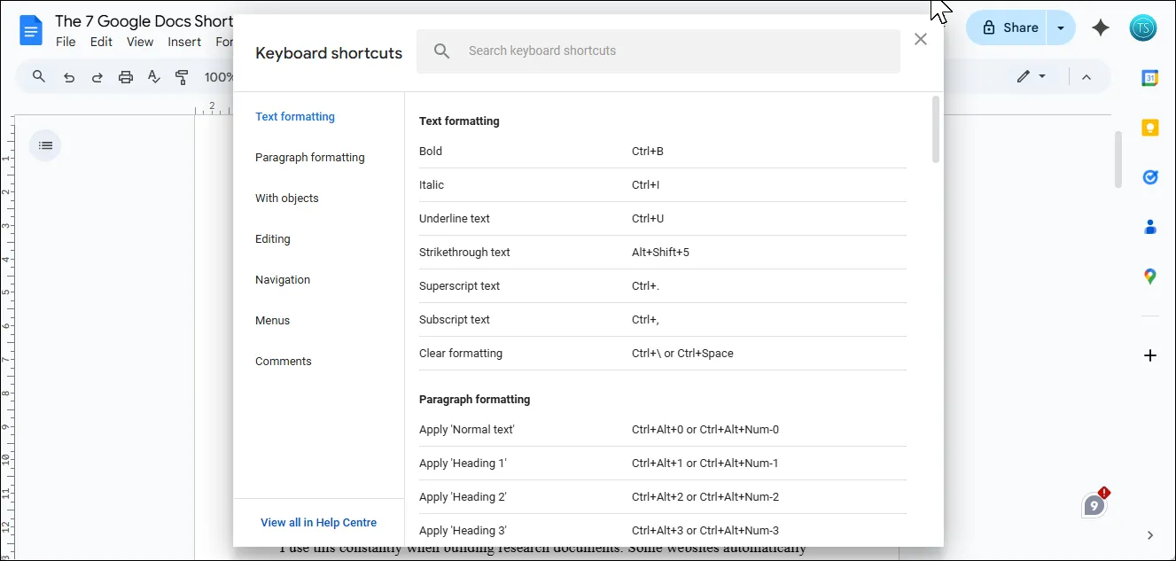Bảng liệt kê tất cả các phím tắt trong Google Docs, hiển thị thanh tìm kiếm để người dùng dễ dàng tra cứu các lệnh và tối ưu hóa quy trình làm việc.