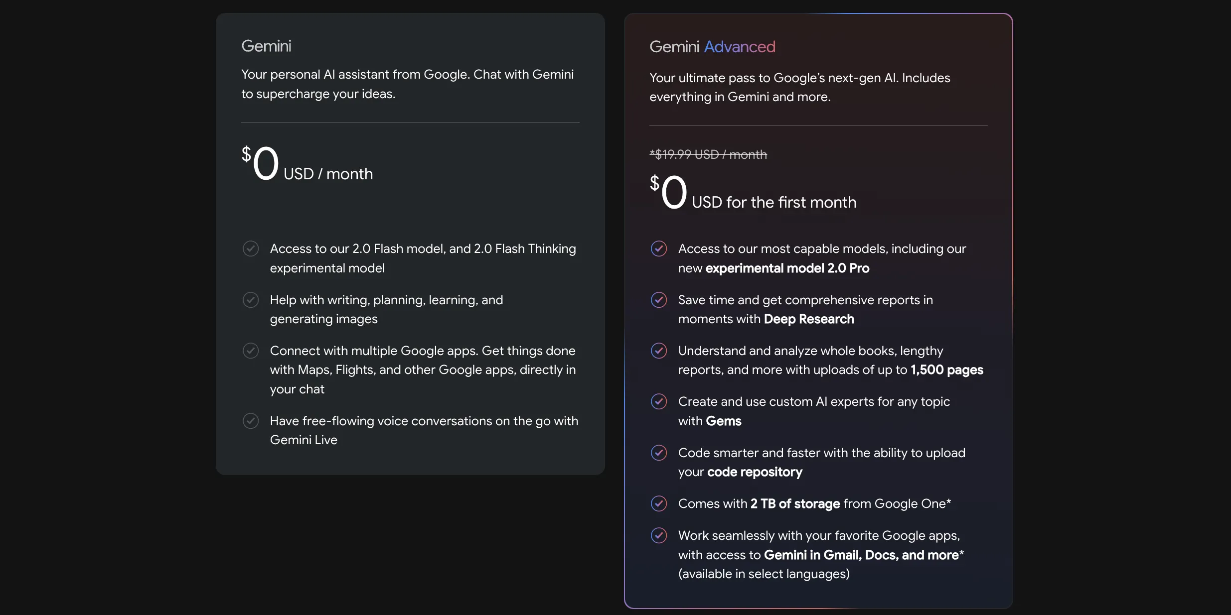 Bảng so sánh các tính năng nổi bật giữa phiên bản Google Gemini miễn phí và Gemini Advanced