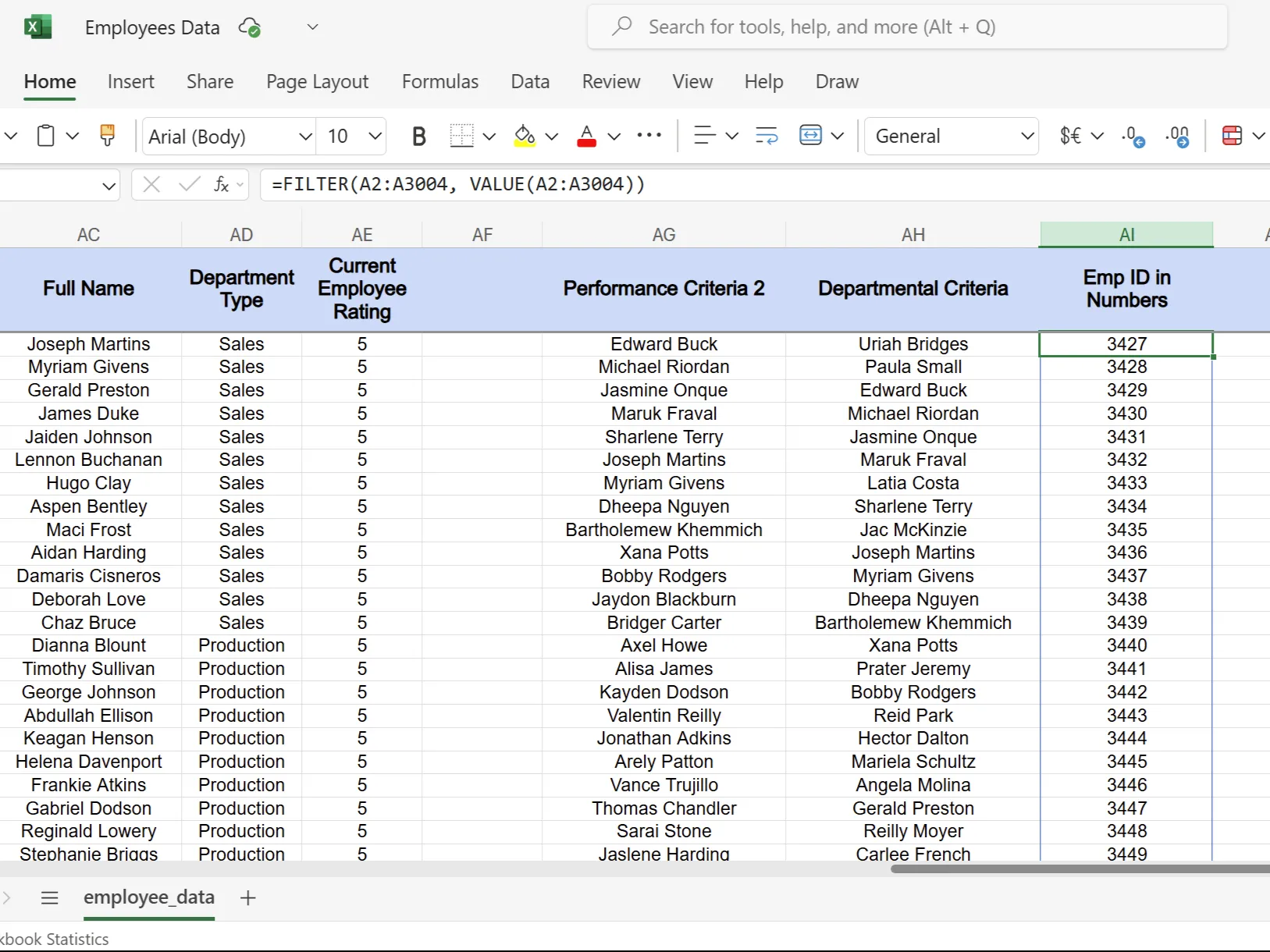 Bảng tính Excel hiển thị mã nhân viên dưới dạng số sau khi sử dụng hàm VALUE để chuyển đổi dữ liệu