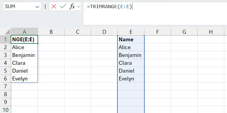 Bảng tính Excel sau khi áp dụng hàm TRIMRANGE, loại bỏ hiệu quả các giá trị 0 thừa ở cuối dải ô động, giúp dữ liệu sạch sẽ hơn.