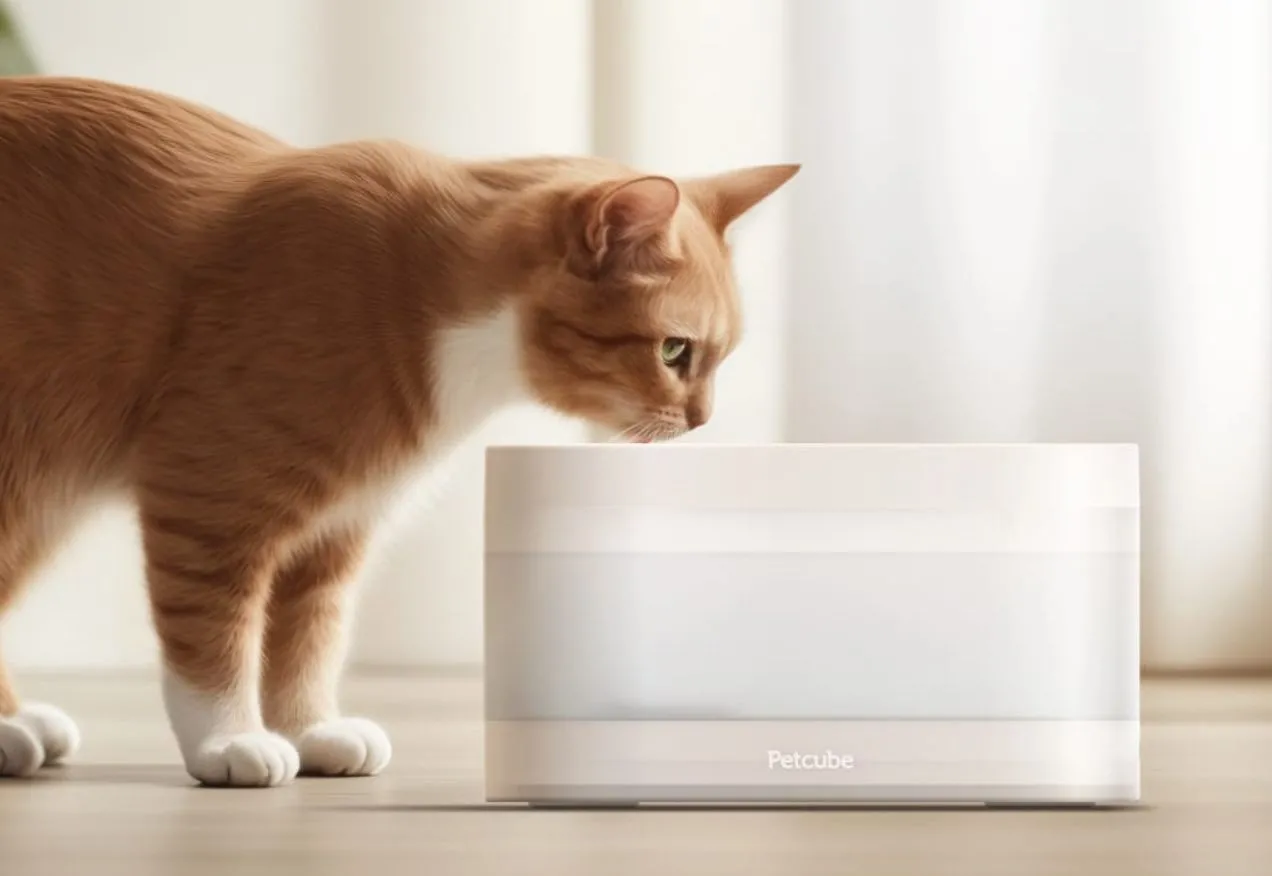 Bát nước uống thông minh Petcube với hệ thống lọc cho chó hoặc mèo đang uống.