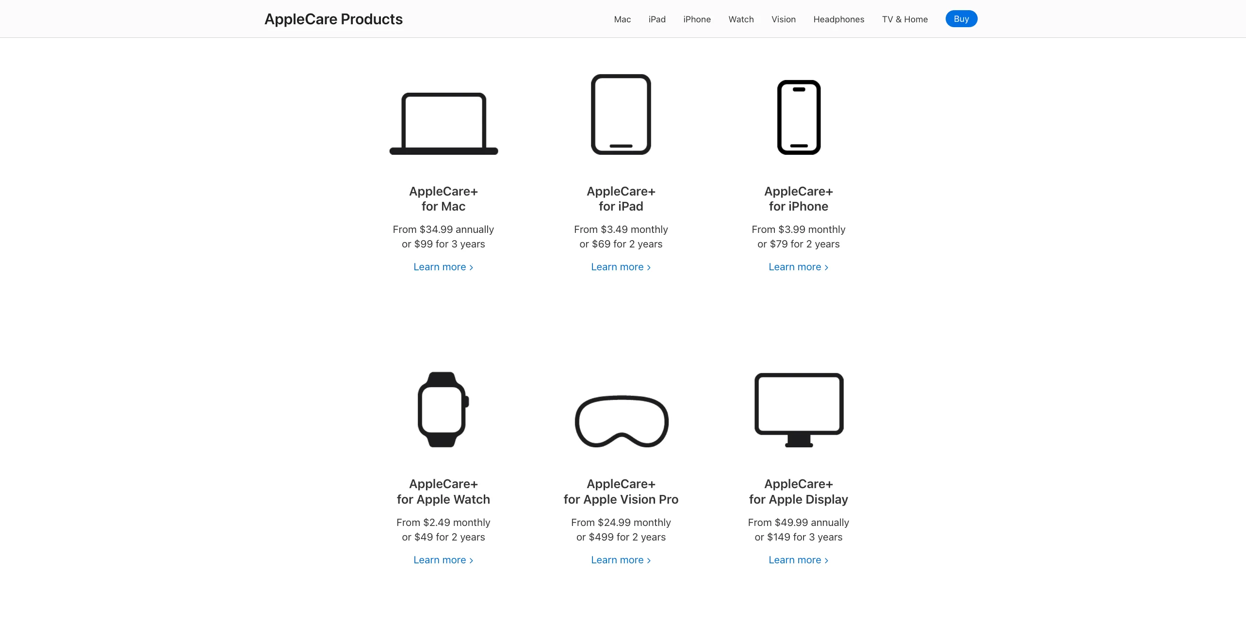 Biểu đồ giá các gói AppleCare+ cho iPhone, iPad, Mac và các thiết bị Apple khác