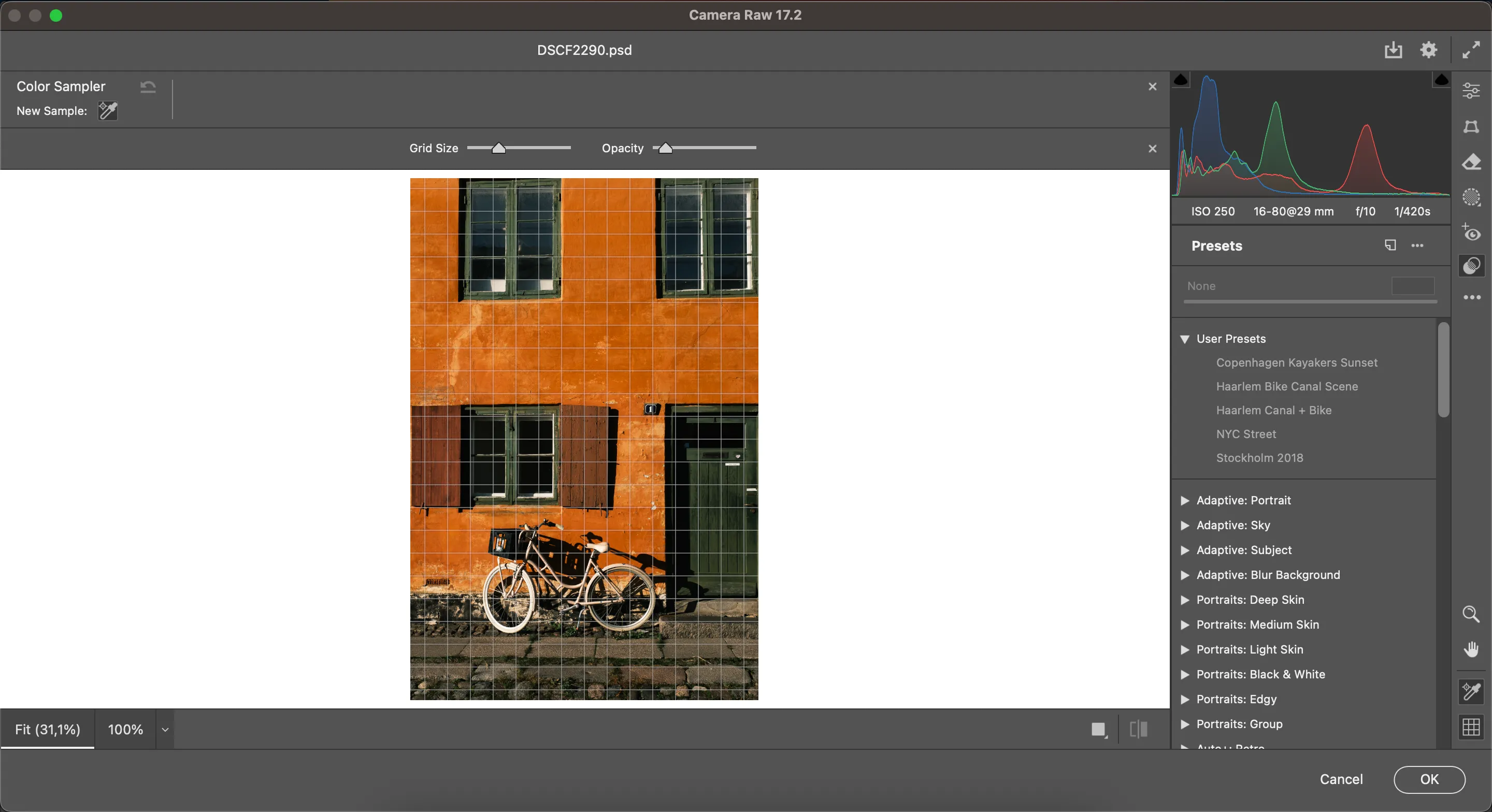 Biểu đồ histogram trong giao diện Adobe Camera Raw minh họa các mức độ ánh sáng của ảnh