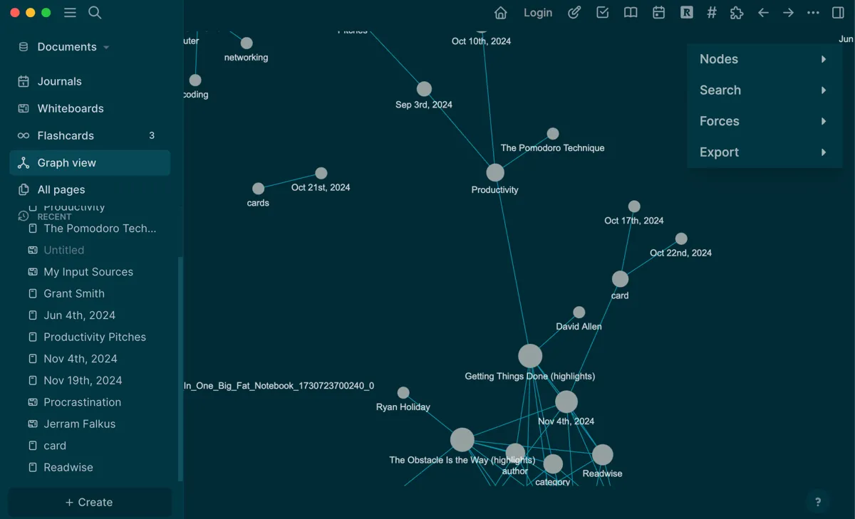 Biểu đồ mối quan hệ (graph view) trong Logseq, hiển thị sự liên kết giữa các khái niệm năng suất như Pomodoro và Time Blocking, giúp hình dung mạng lưới kiến thức cá nhân