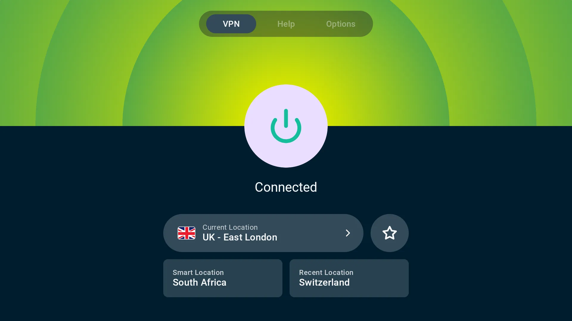 Biểu tượng ExpressVPN hiển thị đã kết nối trên màn hình TV