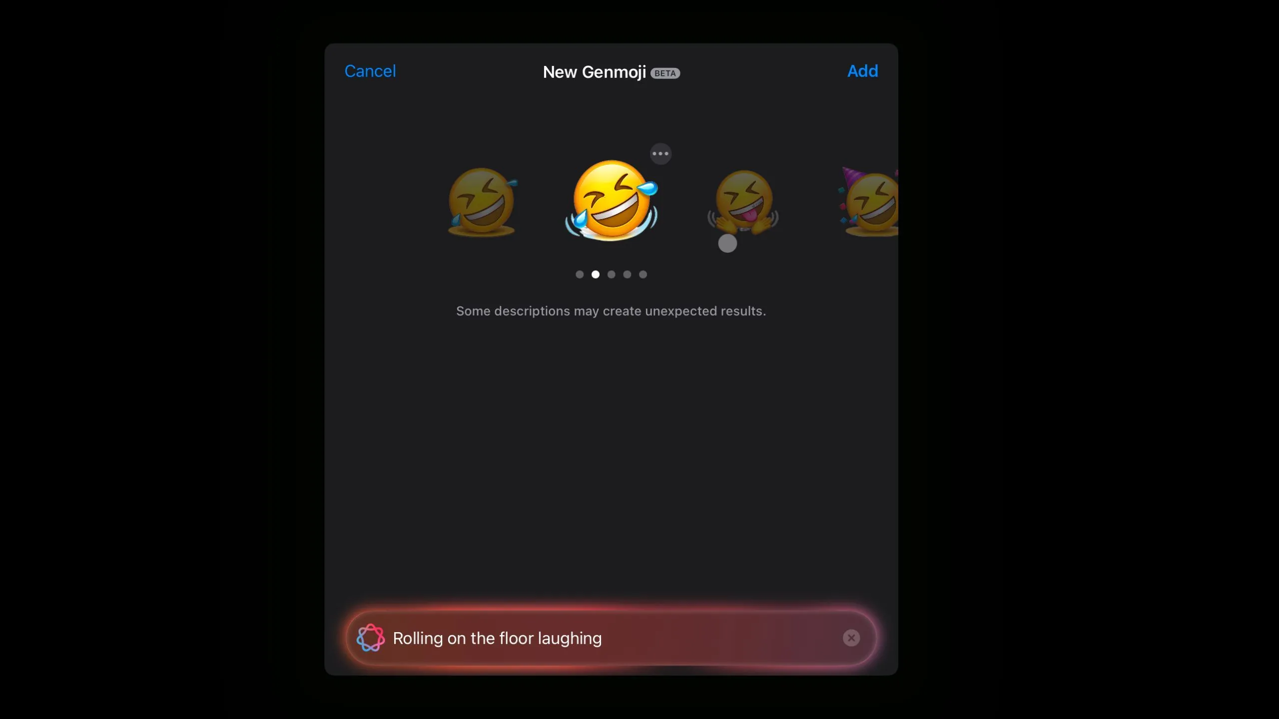 Biểu tượng Genmoji khuôn mặt cười lăn lộn trên sàn, không giống phong cách emoji Apple.