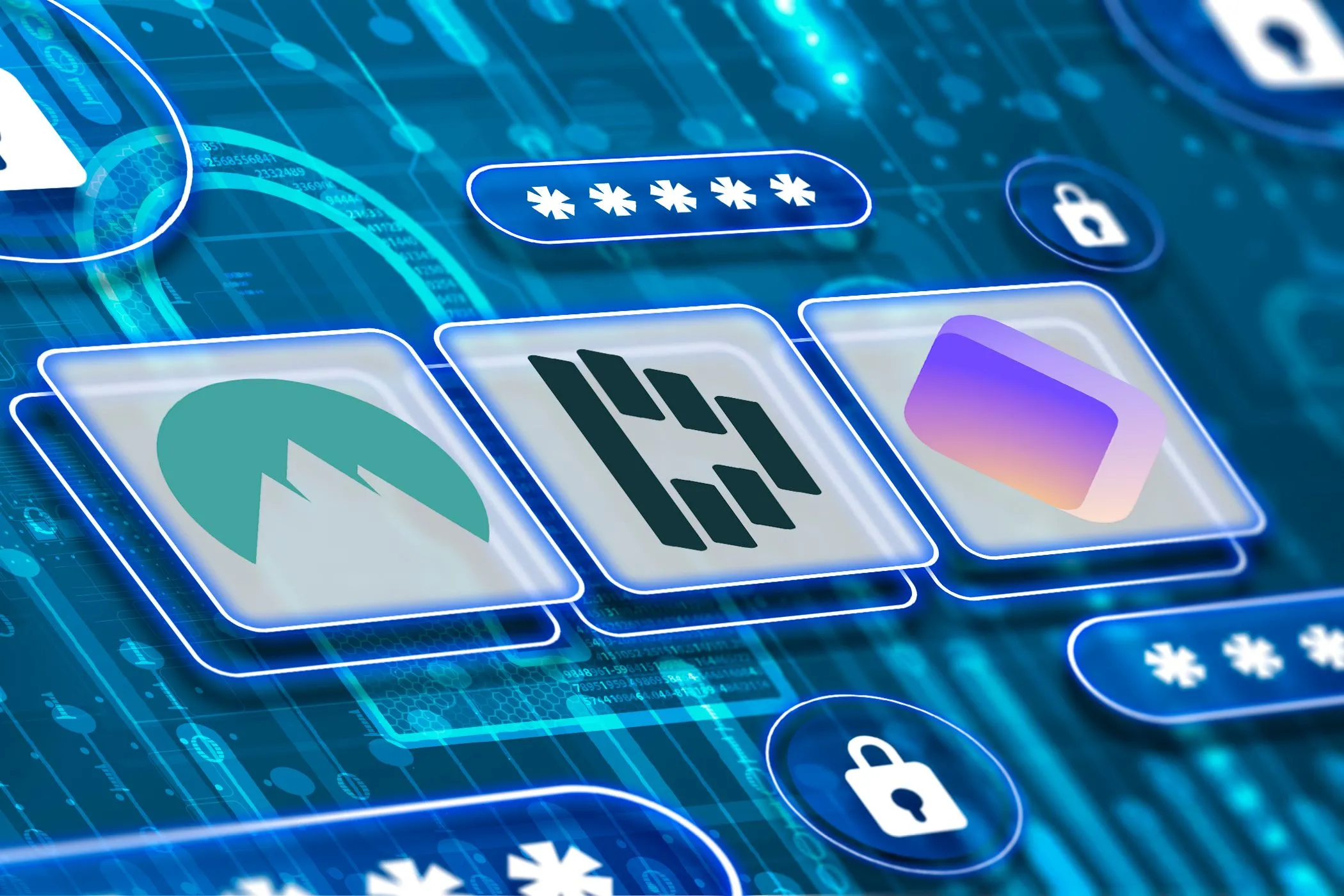 Biểu tượng NordPass, Dashlane, và Proton Pass cùng các biểu tượng mật khẩu, khóa bảo mật thể hiện tầm quan trọng của sao lưu mật khẩu.