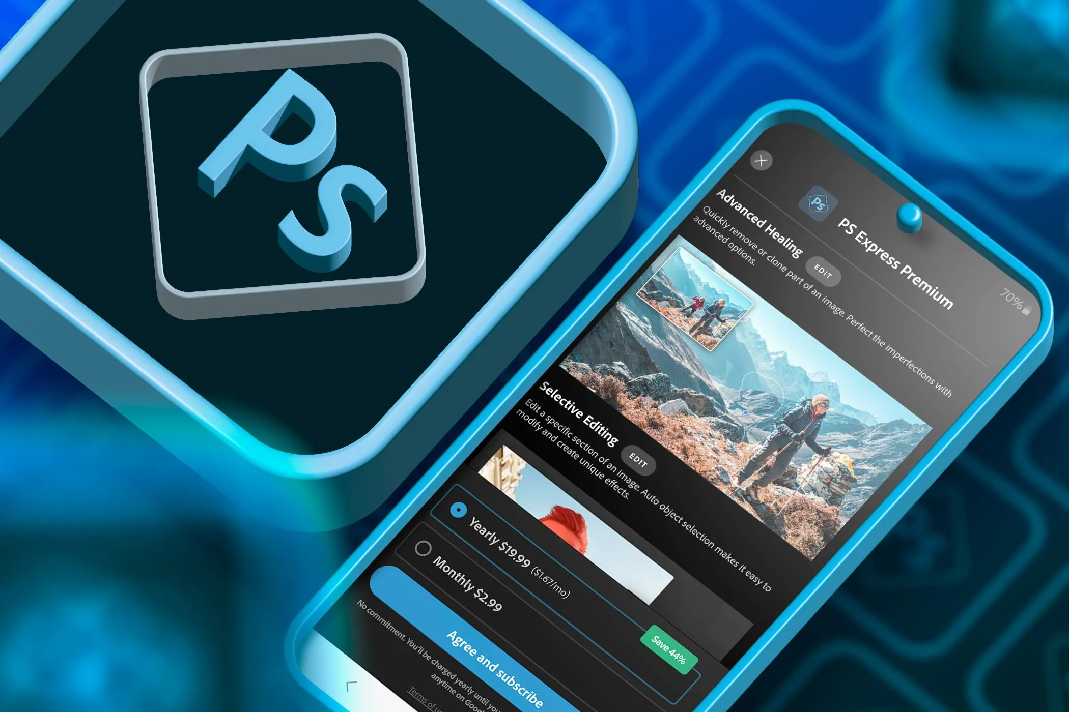 Biểu tượng Photoshop Express bên cạnh màn hình điện thoại hiển thị gói đăng ký Premium