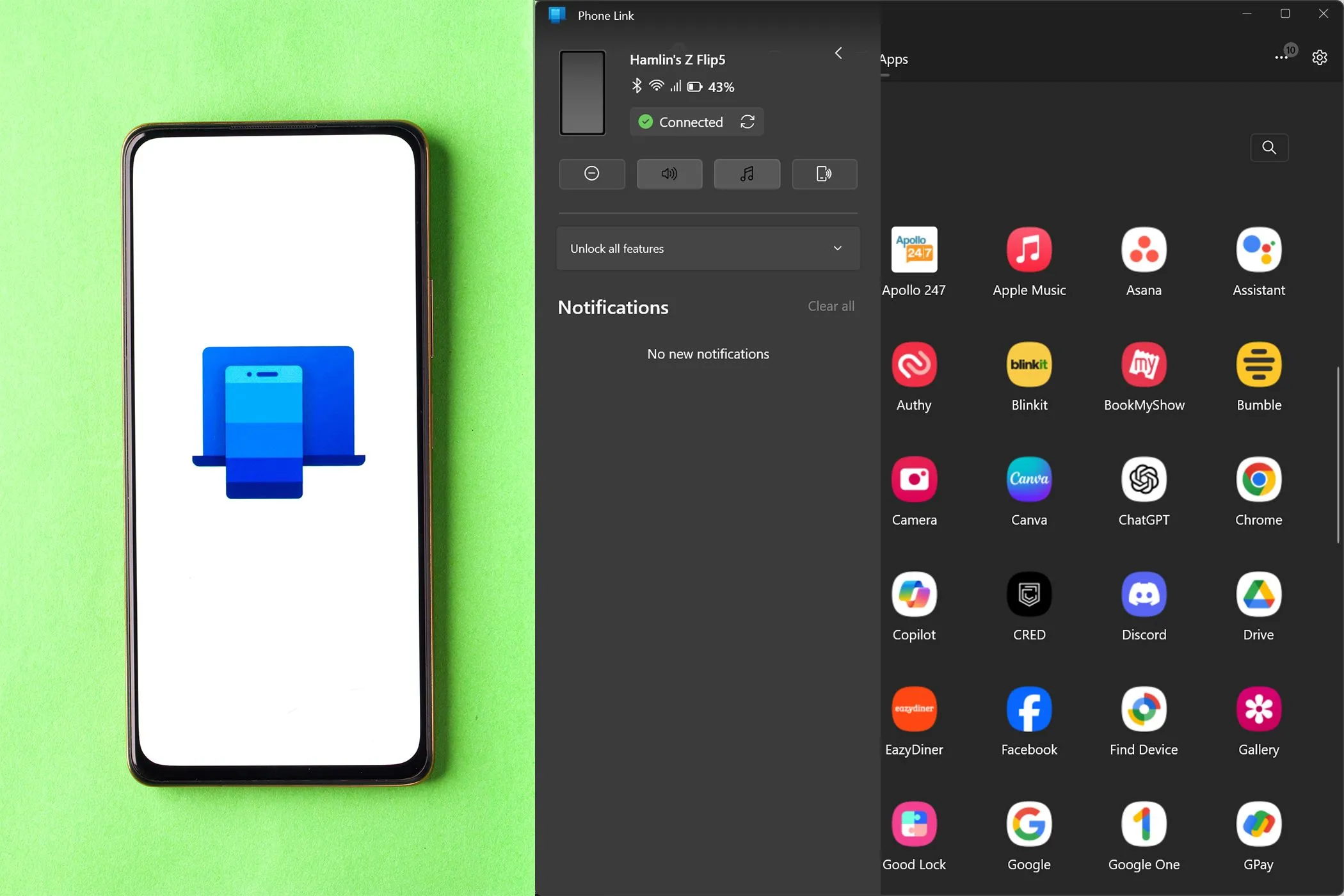 Biểu tượng ứng dụng Phone Link trên điện thoại Android cạnh giao diện Phone Link trên Windows