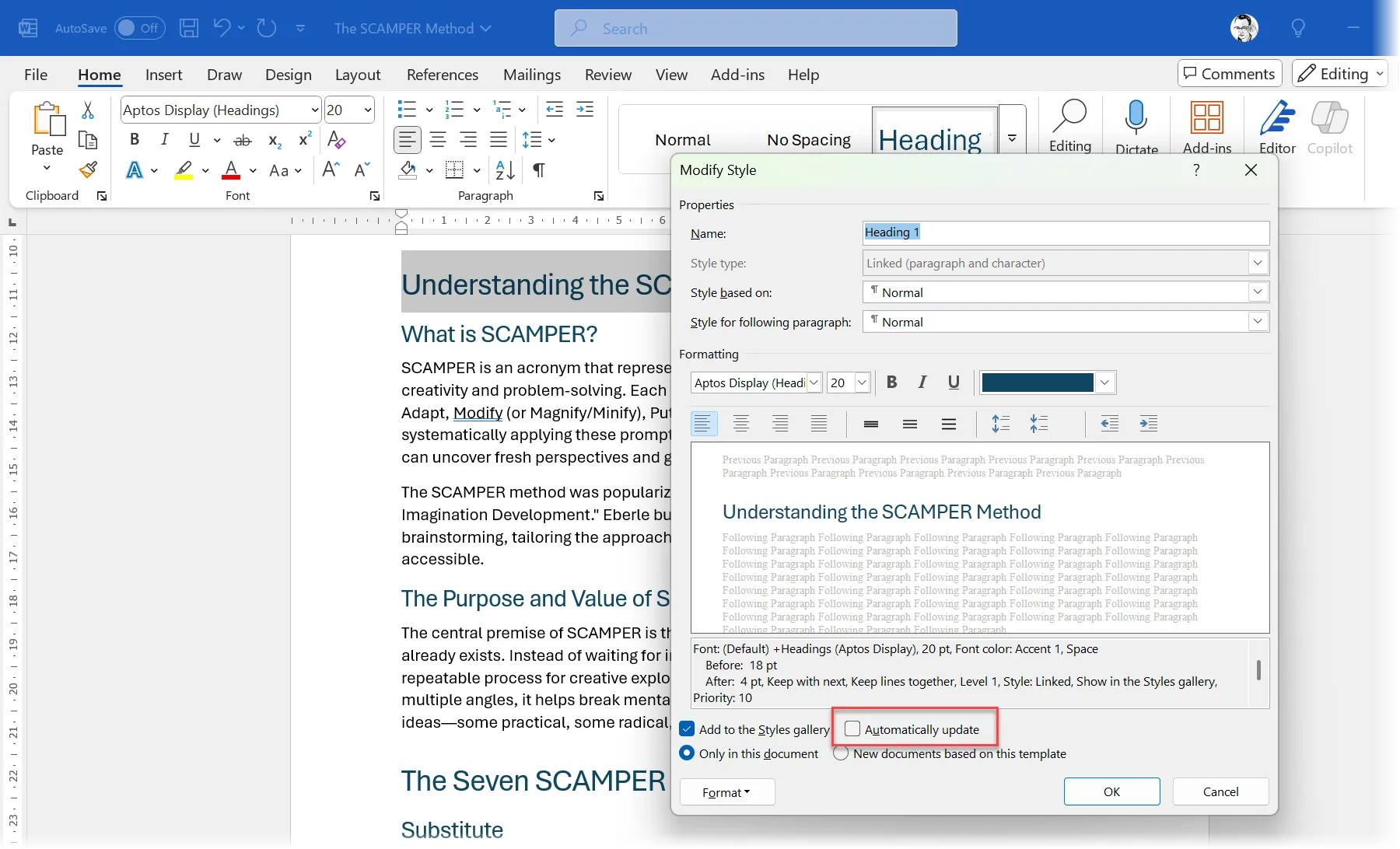 Bỏ chọn &quot;Automatically update&quot; trong hộp thoại Modify Style để tránh thay đổi định dạng tự động trong Word