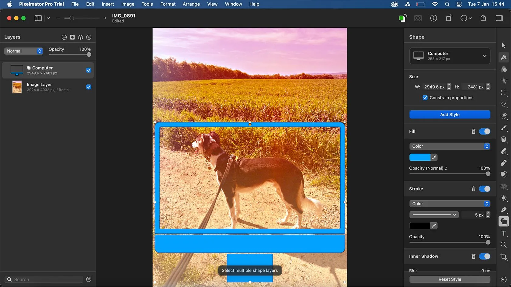 Bộ công cụ Shape Tools của Pixelmator Pro, cho phép tạo và tùy chỉnh các hình dạng vector thông minh