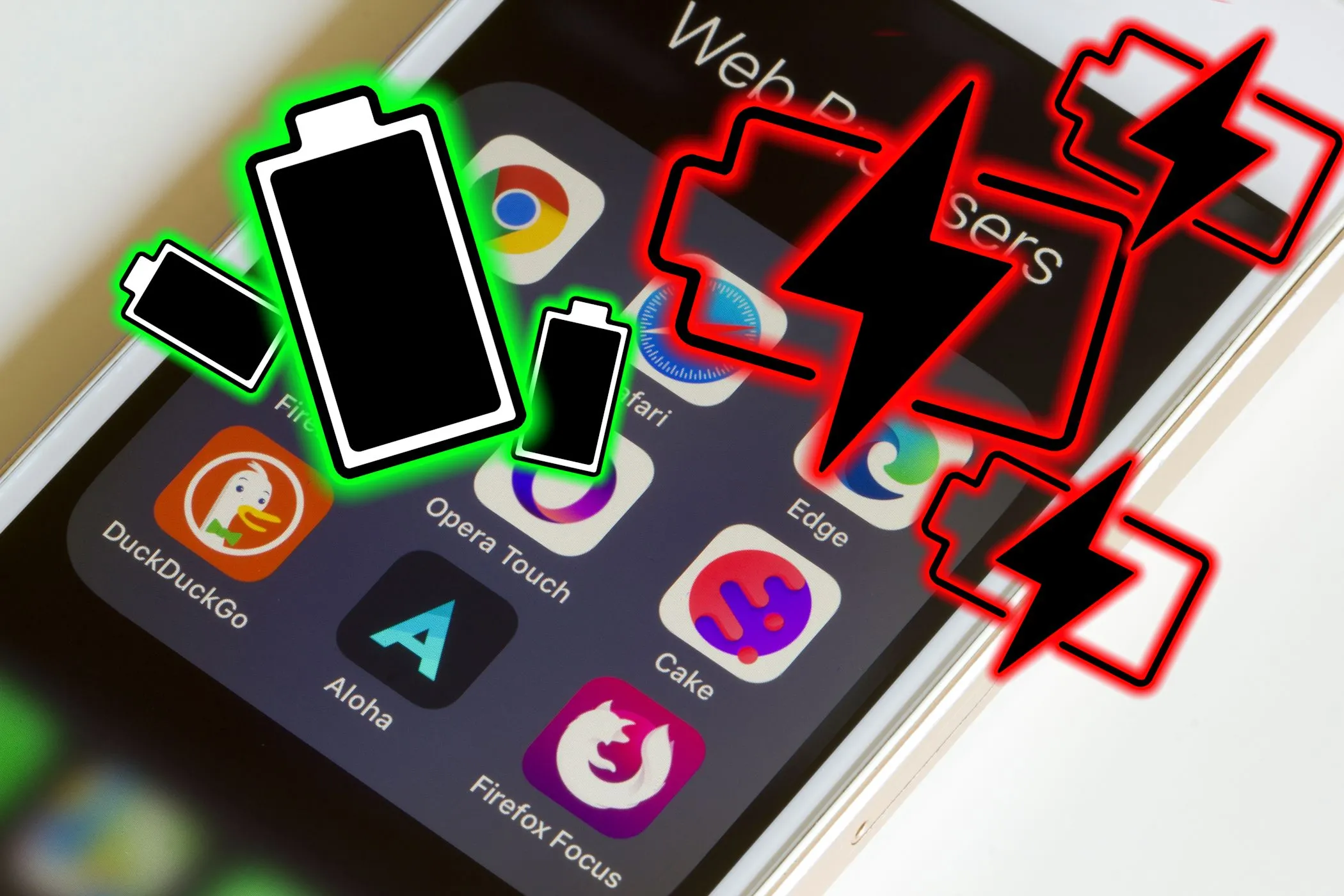Các biểu tượng trình duyệt web như Chrome, Safari, Firefox trên smartphone kèm theo biểu tượng pin, thể hiện sự liên quan đến thời lượng pin và trình duyệt.