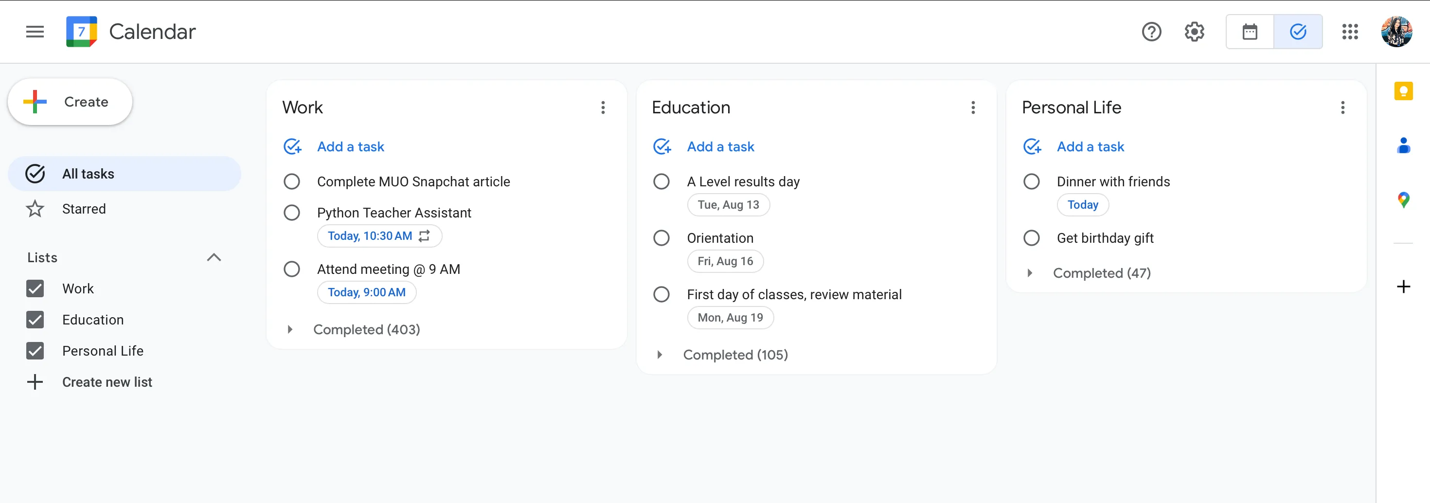 Các danh sách công việc riêng biệt được hiển thị trên thanh bên của Google Tasks