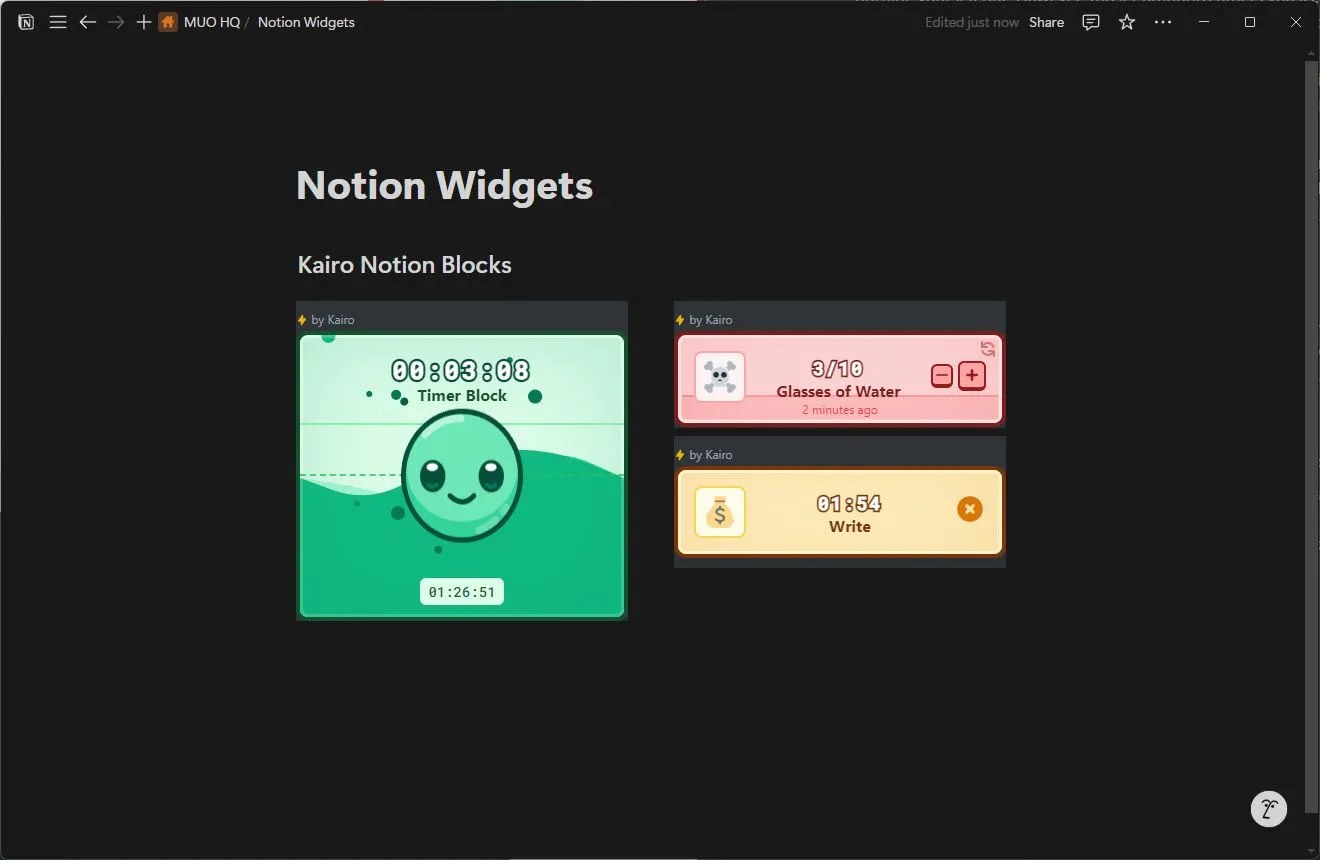 Các khối widget Kairo Notion Blocks đang hoạt động trên trang Notion