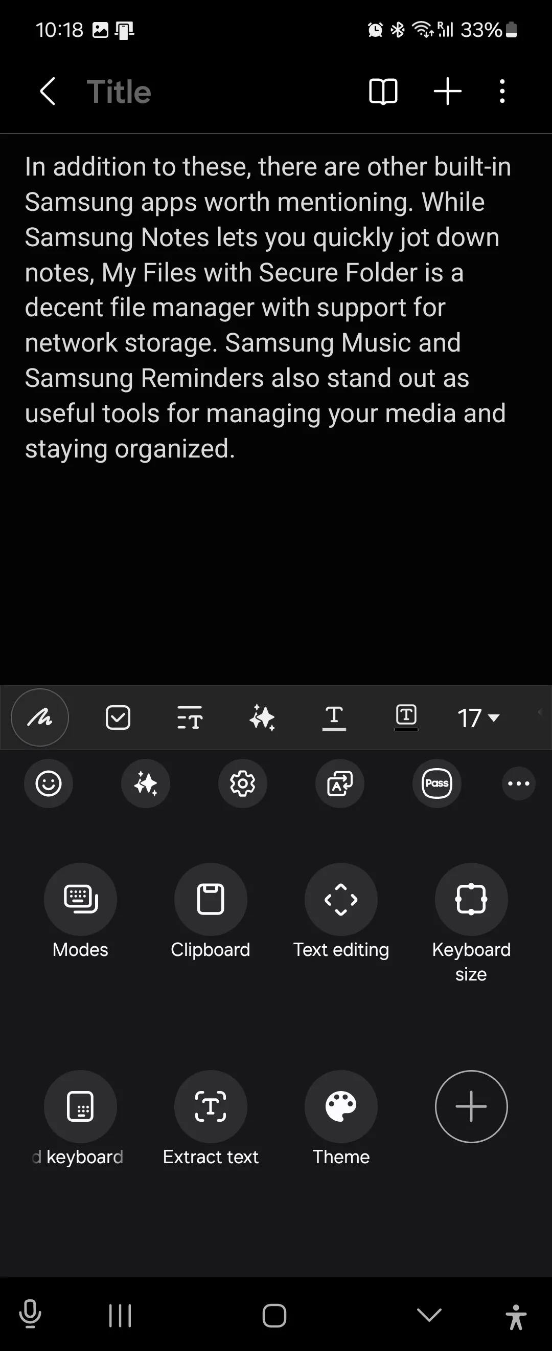 Các phím tắt truy cập nhanh tính năng Samsung Pass, dịch thuật trên bàn phím Samsung trong Ghi chú Samsung.