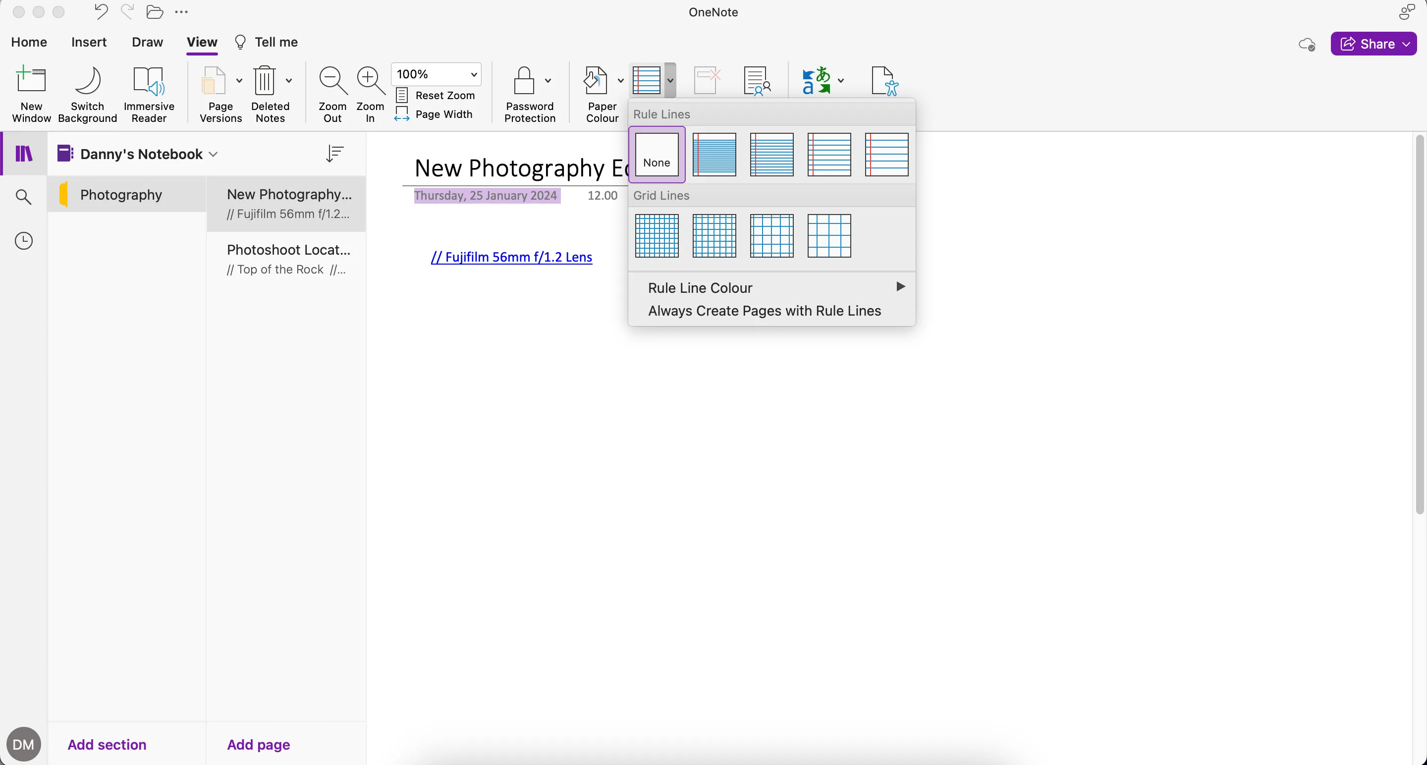 Các tùy chọn kiểu giấy khác nhau có sẵn trong Microsoft OneNote