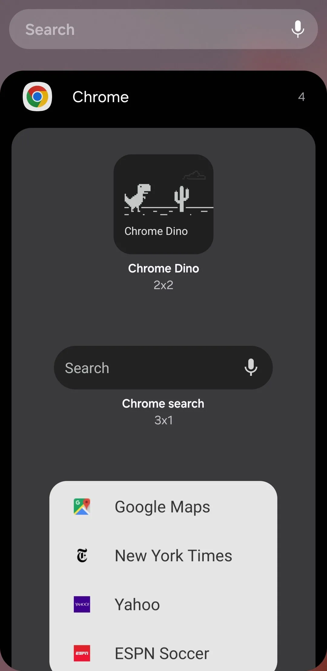 Các tùy chọn widget của Google Chrome trên màn hình chính Android, cung cấp các phím tắt cho tìm kiếm Google, mở tab ẩn danh và chơi trò chơi khủng long Dino.