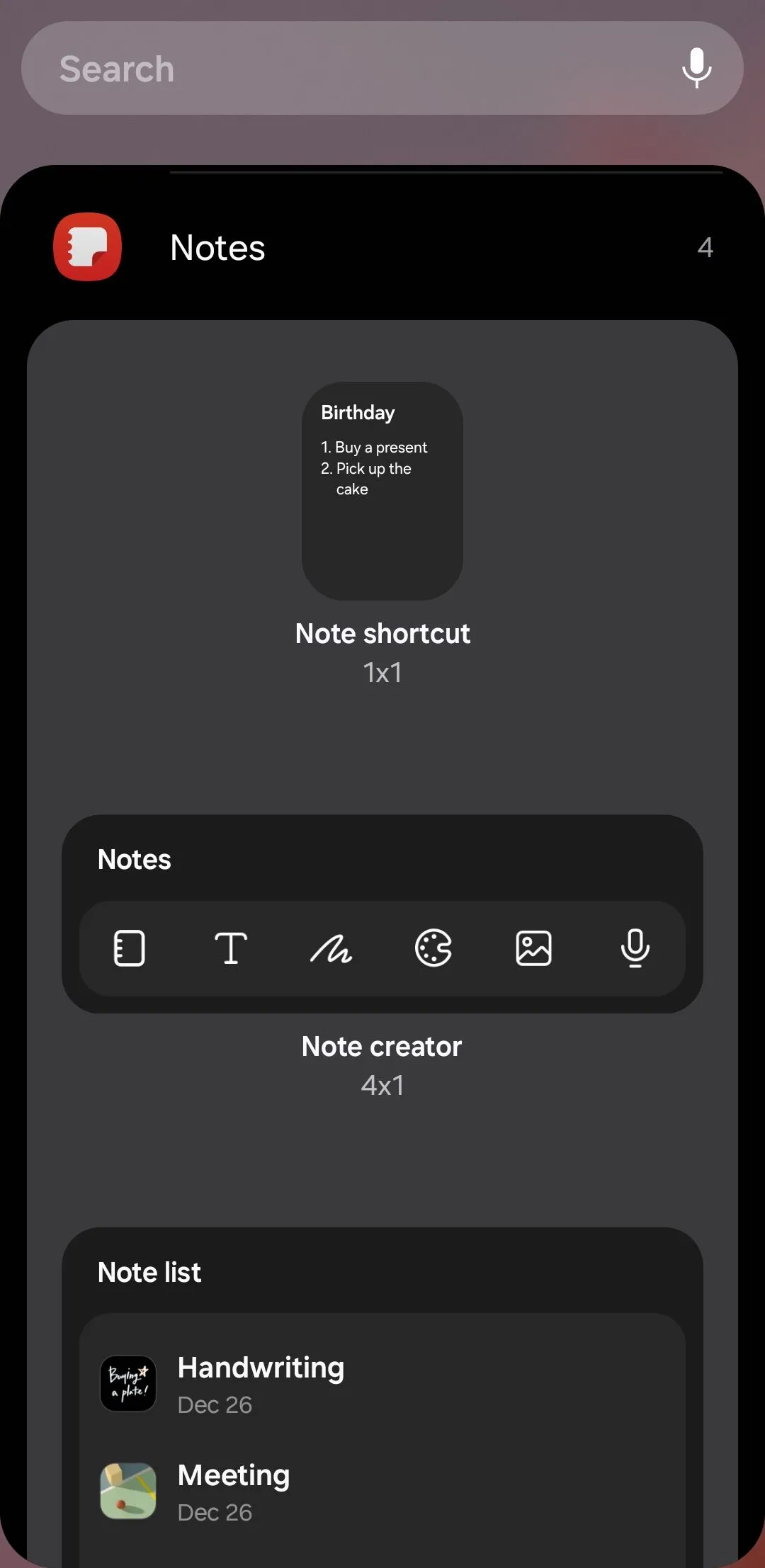 Các tùy chọn widget của ứng dụng Samsung Notes trên điện thoại Samsung Galaxy, bao gồm phím tắt tạo ghi chú mới và danh sách các ghi chú quan trọng hiển thị trực tiếp trên màn hình chính.