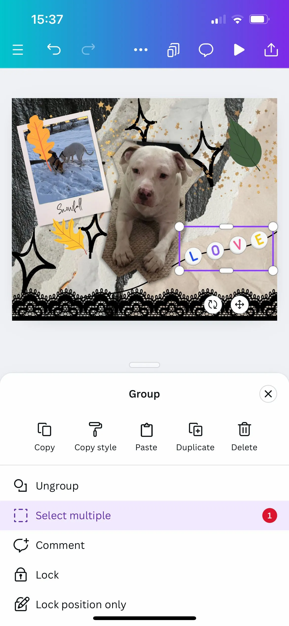 Các yếu tố đã được nhóm trong ứng dụng Canva