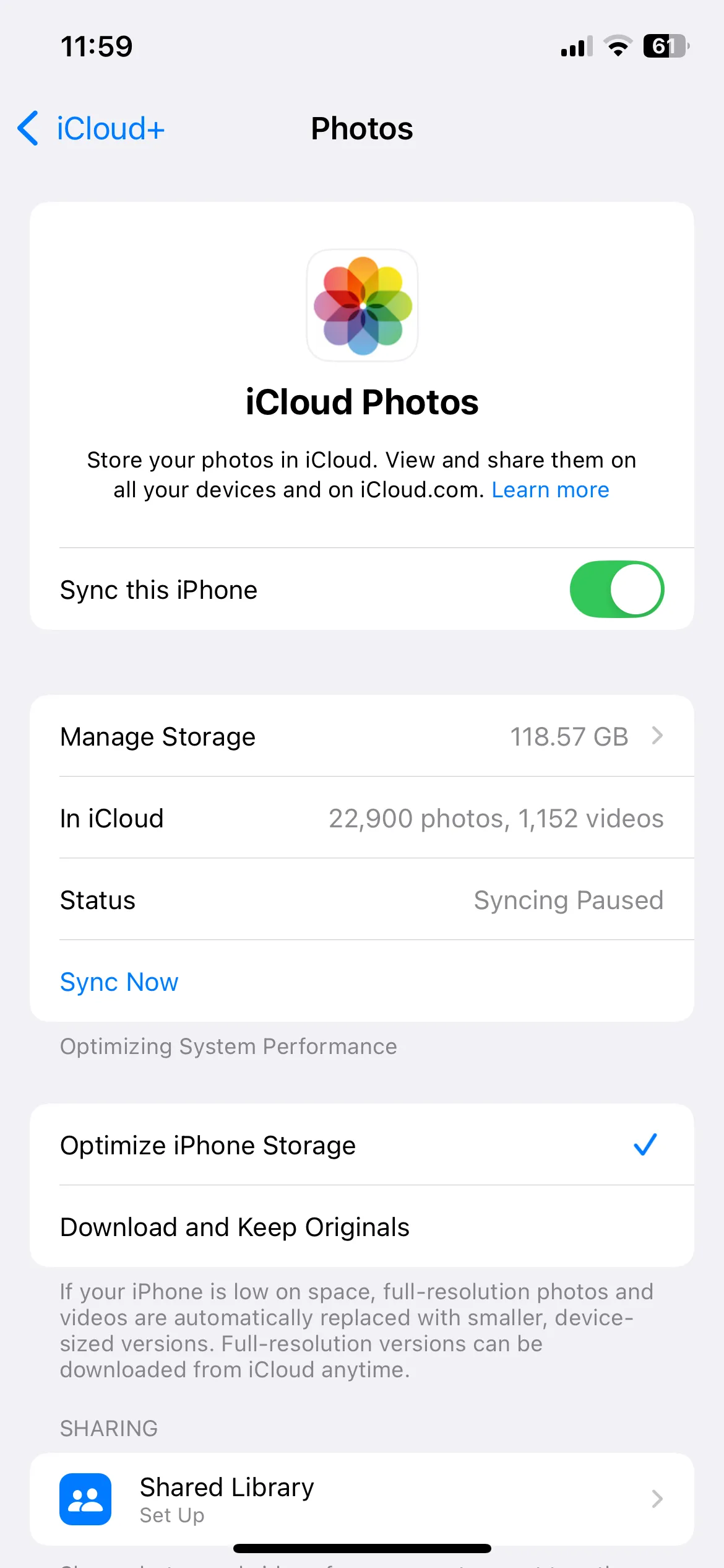 Cài đặt Ảnh iCloud trên iPhone với tùy chọn Tối ưu hóa Dung lượng iPhone