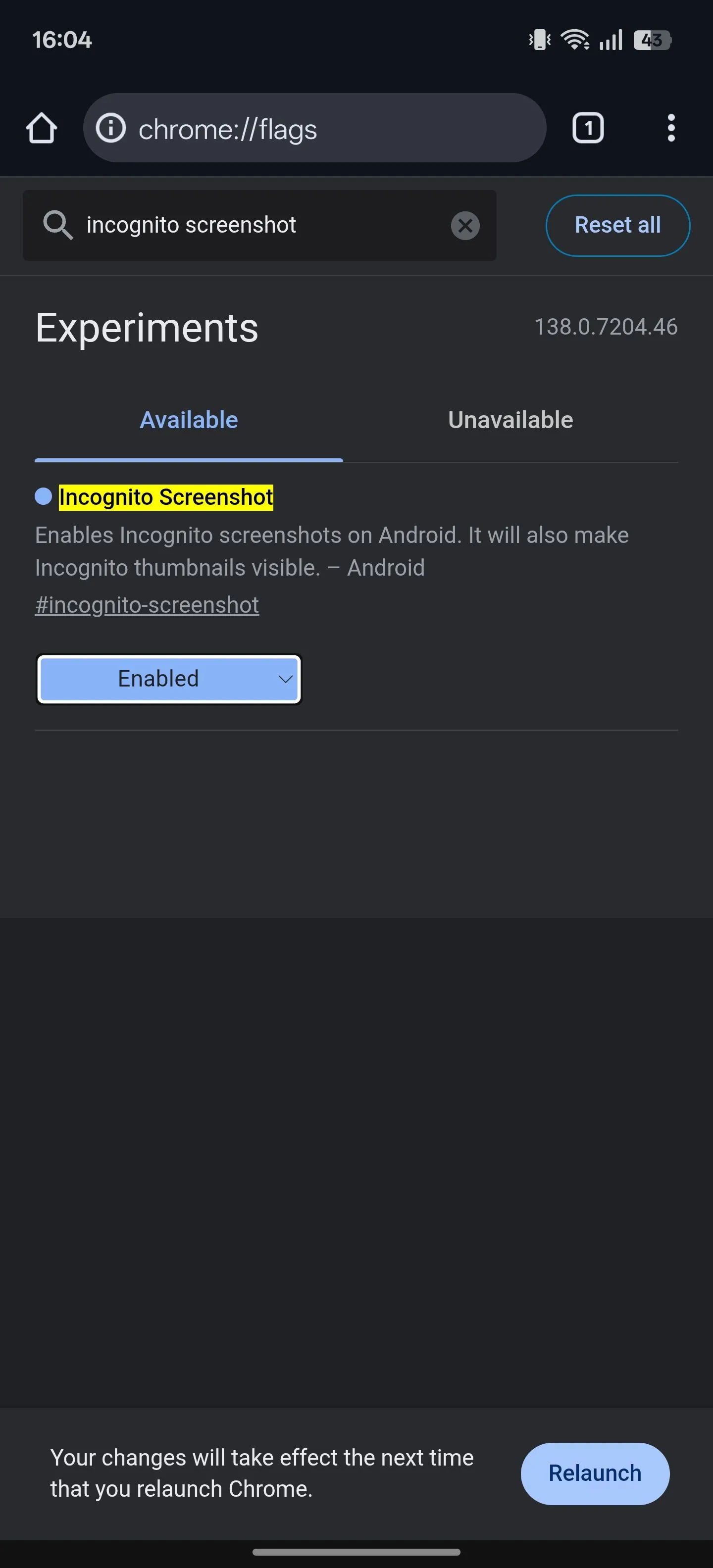 Cài đặt bật tính năng &quot;Incognito Screenshot&quot; trong Chrome Flags cho Android.