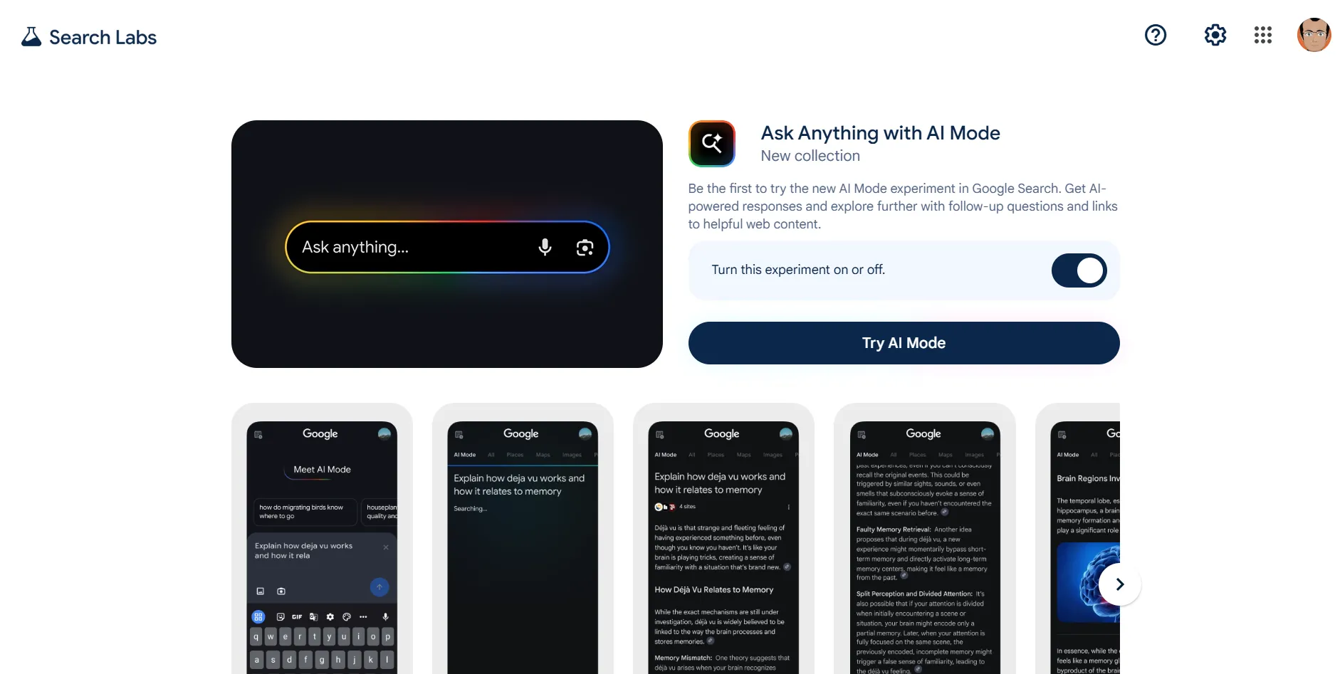 Cài đặt bật/tắt chế độ Google AI Mode trong Google Labs để trải nghiệm tính năng tìm kiếm AI mới