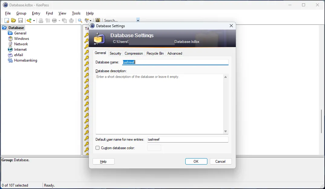 Cài đặt cơ sở dữ liệu KeePass hiển thị tùy chọn mã hóa và bảo mật