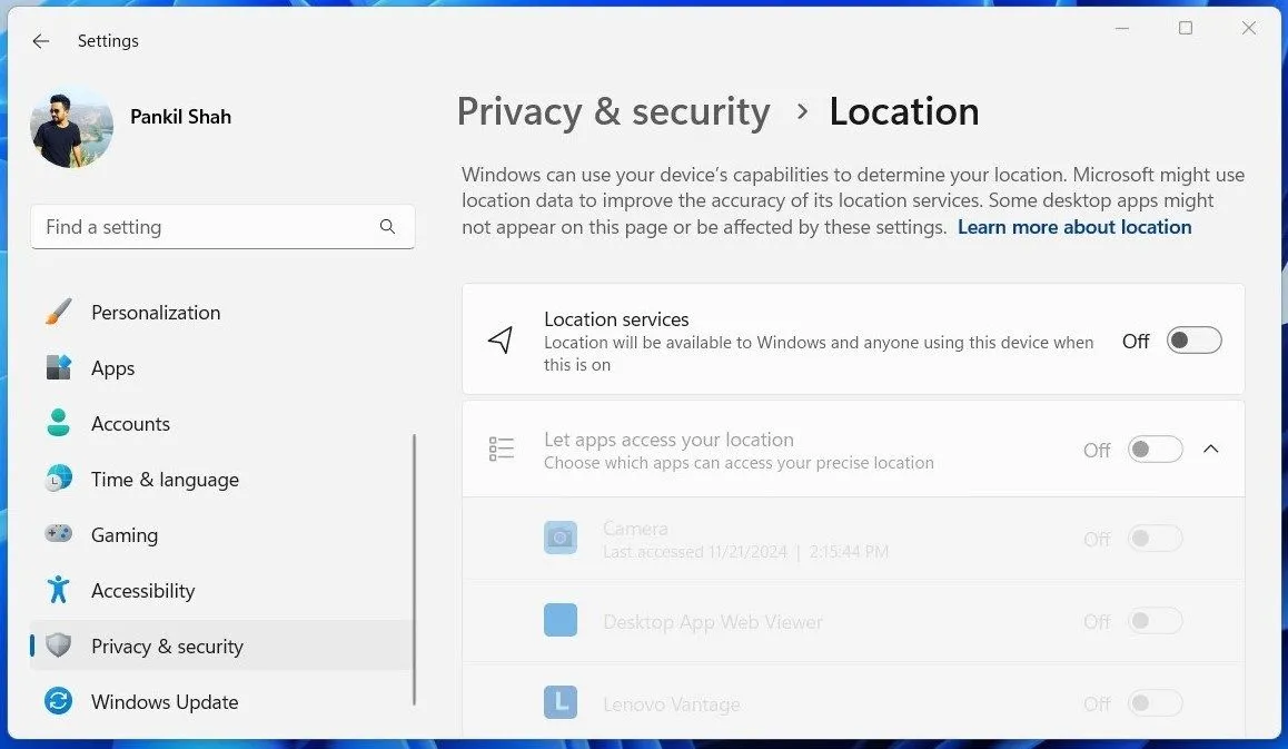 Cài đặt dịch vụ định vị trong ứng dụng Cài đặt của Windows 11
