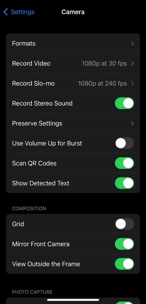 Cài đặt định dạng (Formats) trong ứng dụng Camera của iPhone