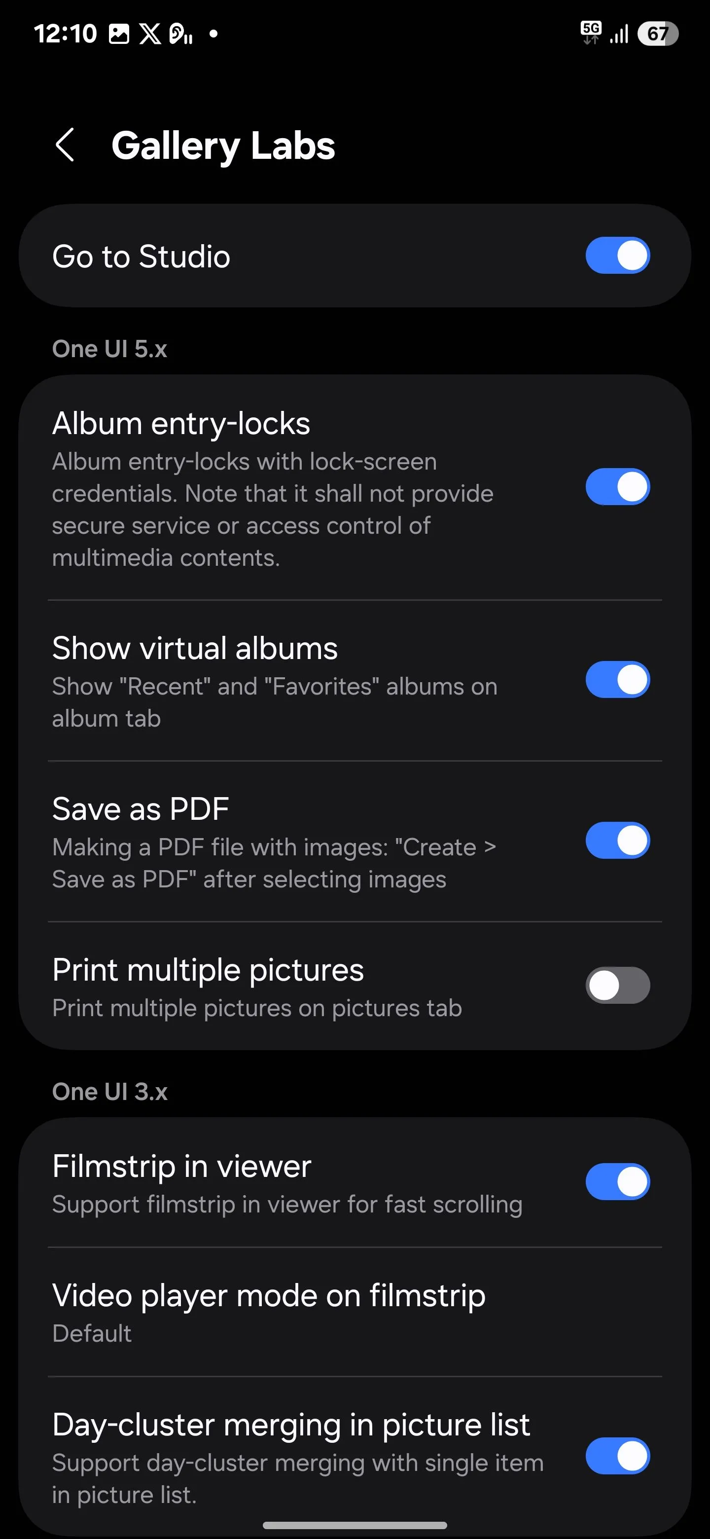 Cài đặt Gallery Labs đã được kích hoạt trong ứng dụng Thư viện Samsung, hiển thị các tính năng thử nghiệm.