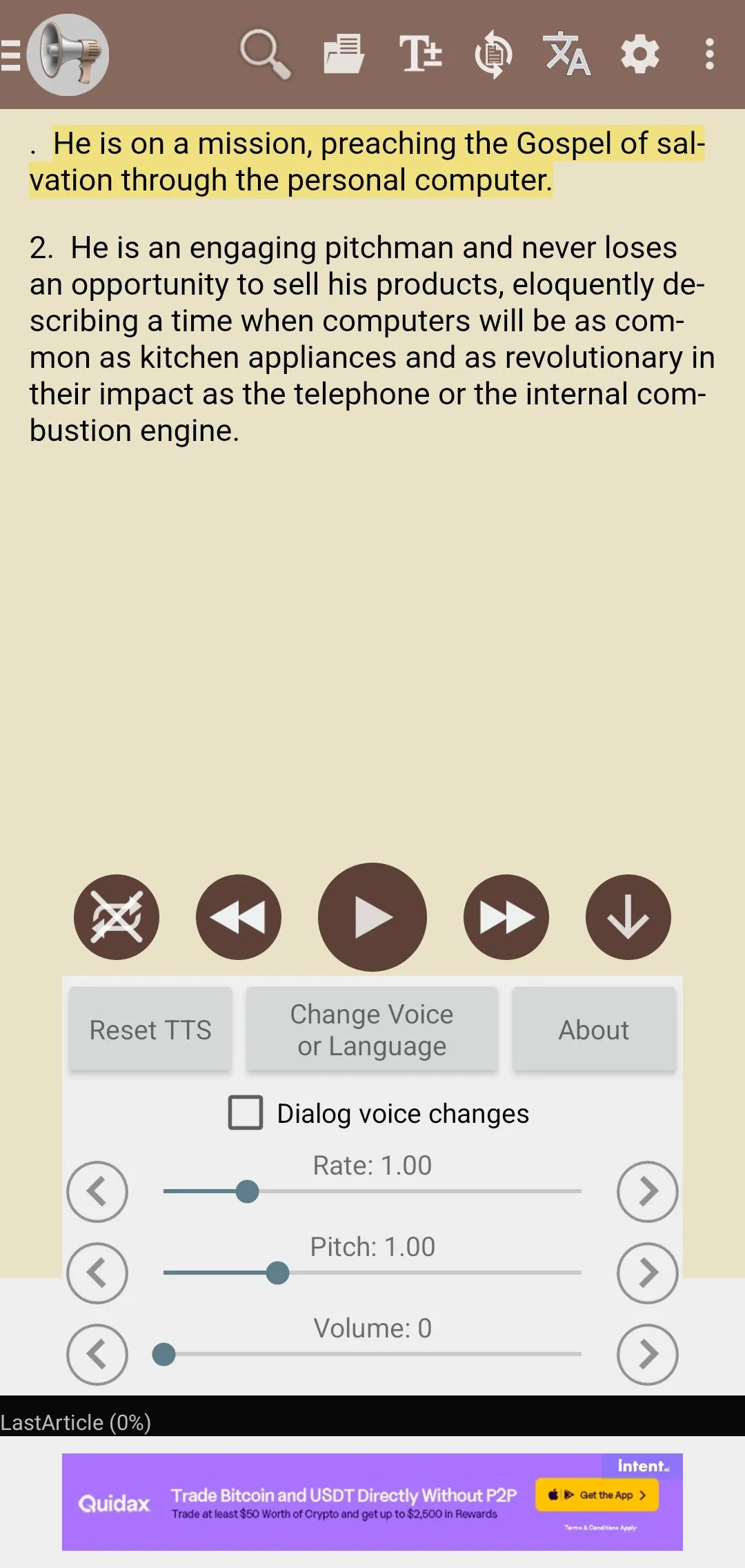 Cài đặt giọng nói trong @Voice Aloud Reader, cho phép tùy chỉnh tốc độ, cao độ và âm lượng