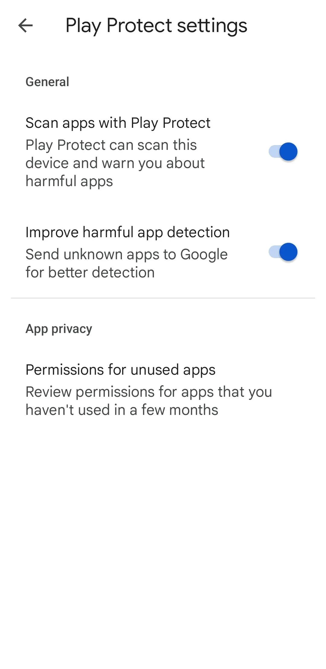 Cài đặt Google Play Protect trên ứng dụng CH Play hiển thị các tùy chọn bảo mật và quét ứng dụng trên điện thoại Android.