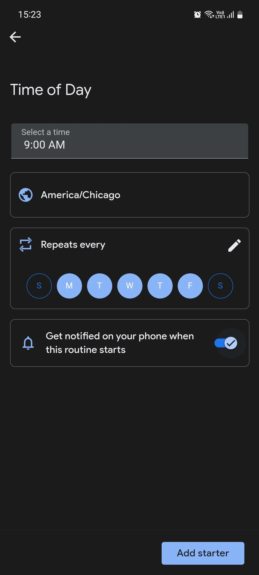 Cài đặt kích hoạt tác vụ tự động theo thời gian trong Google Assistant Routines, cho phép người dùng thiết lập lịch trình hoạt động cụ thể.