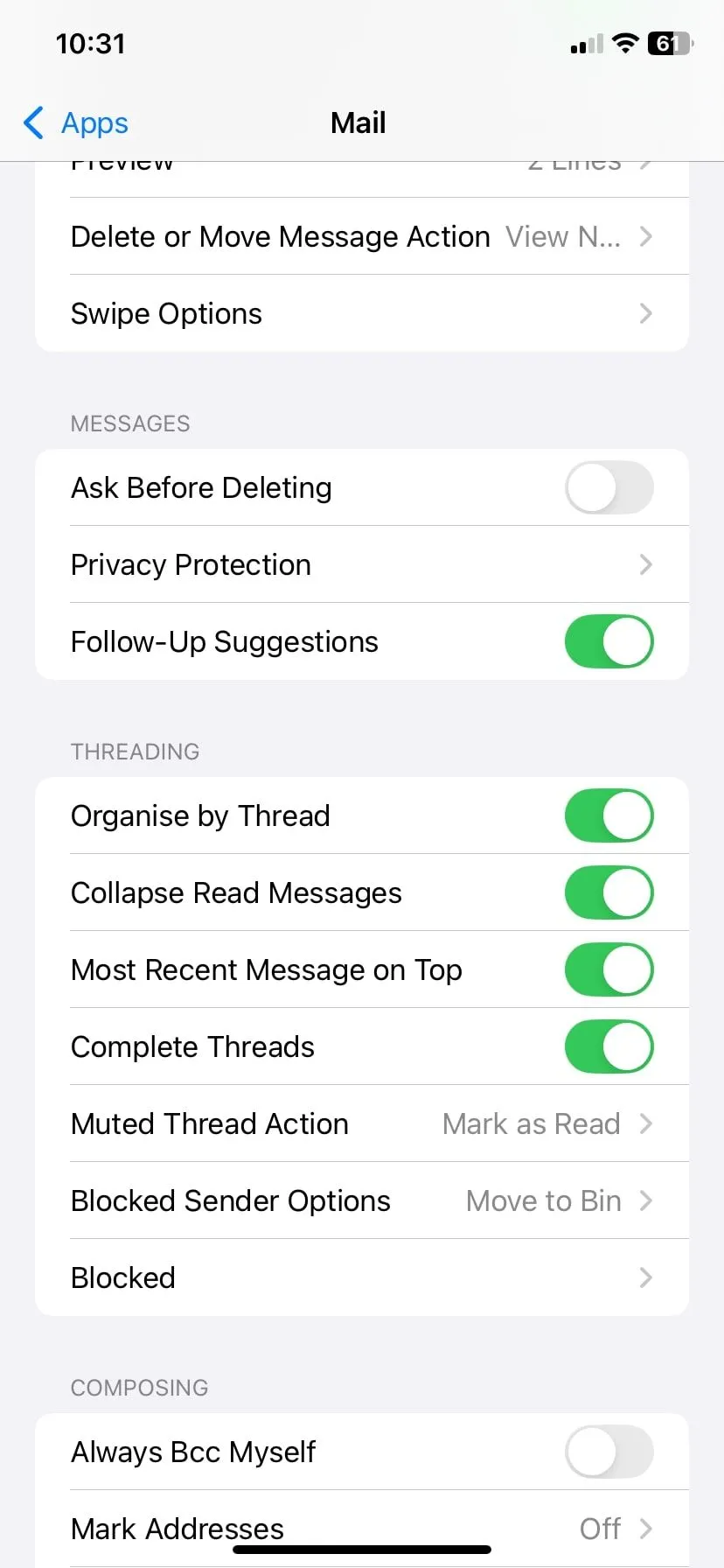 Cài đặt quyền riêng tư của Apple Mail trên iPhone, minh họa tính năng bảo vệ thư.