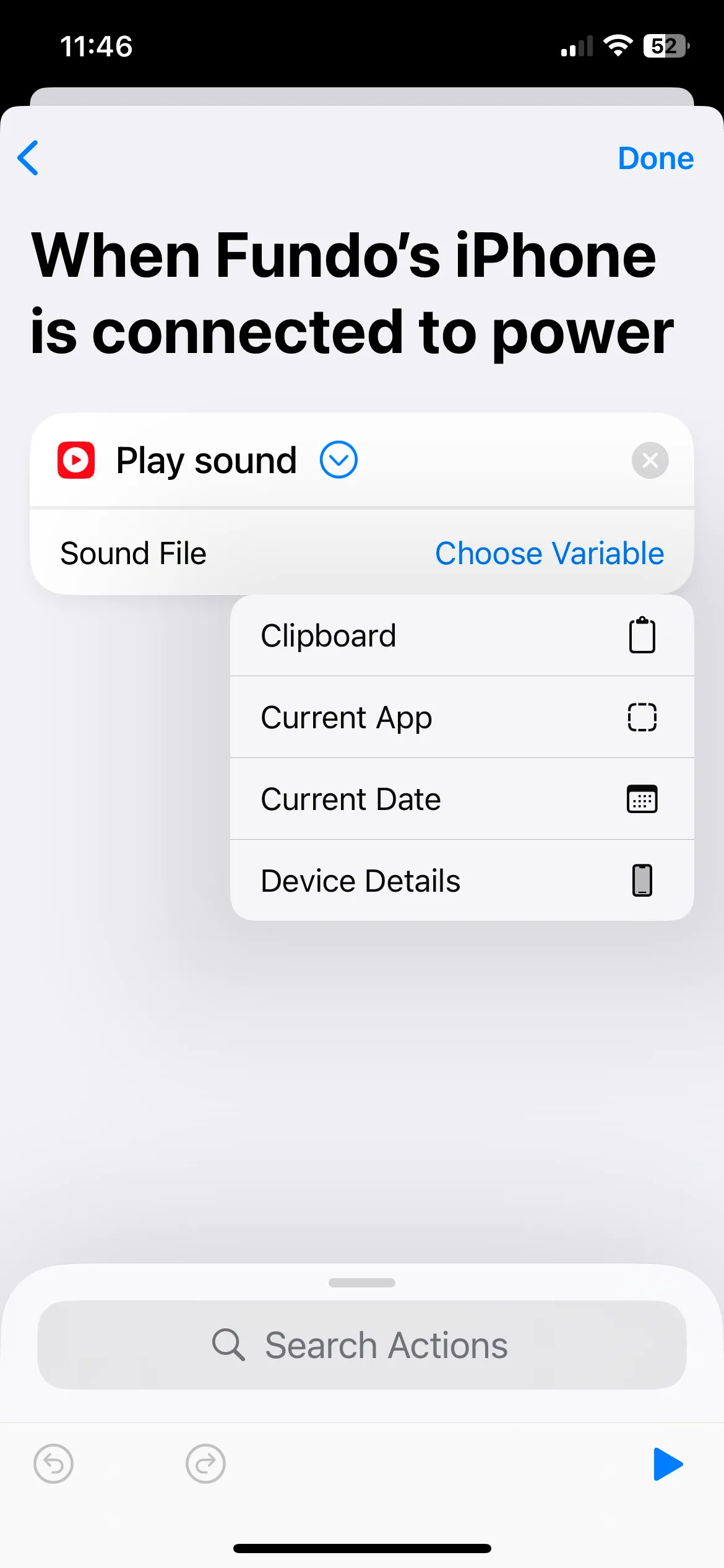 Cài đặt tác vụ phát âm thanh từ clipboard làm âm báo sạc trên iPhone.