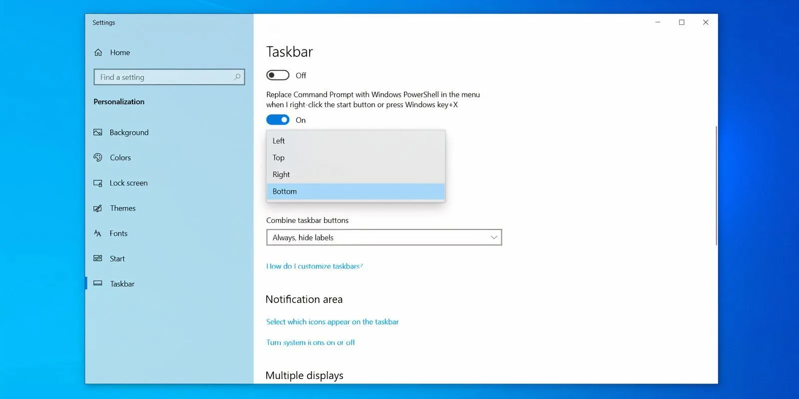 Cài đặt thanh Taskbar trên Windows 10 với tùy chọn vị trí để tùy chỉnh giao diện.
