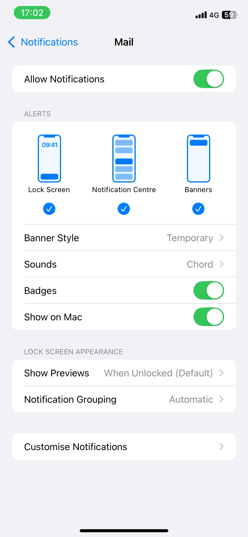Cài đặt thông báo cho ứng dụng Mail trên iPhone, cho phép bật hoặc tắt thông báo