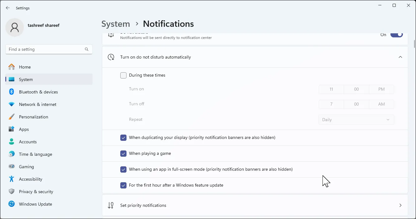 Cài đặt thông báo ưu tiên trong Windows 11, cho phép các ứng dụng chọn lọc hiển thị thông báo ngay cả khi bật chế độ Không làm phiền