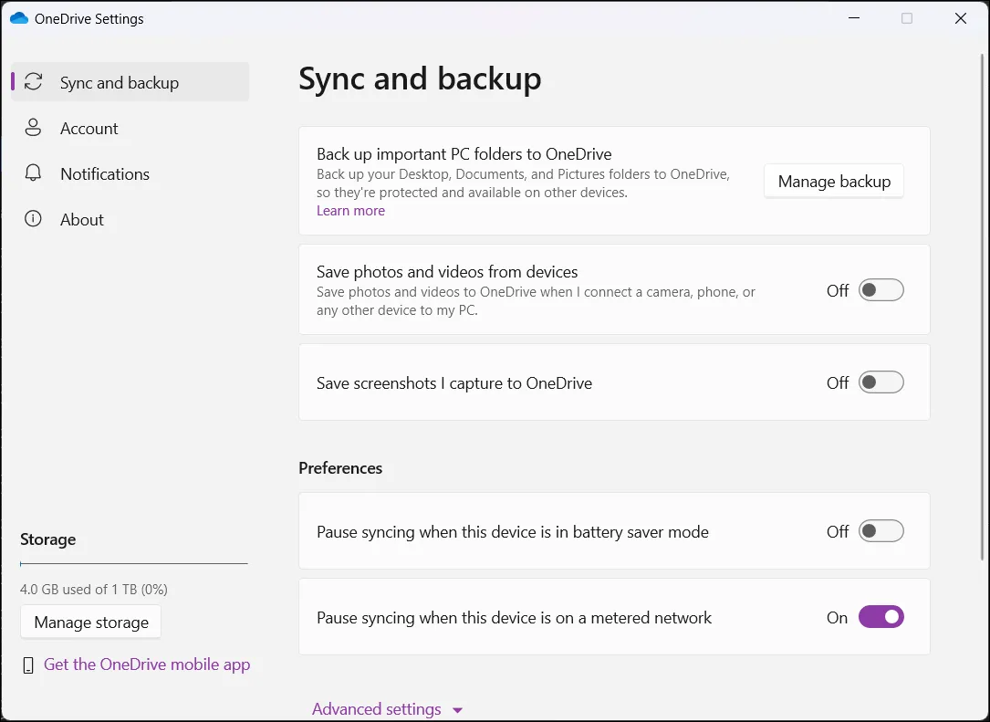 Cài đặt ứng dụng OneDrive trên Windows 11 hiển thị các tùy chọn đồng bộ hóa và quản lý lưu trữ đám mây.