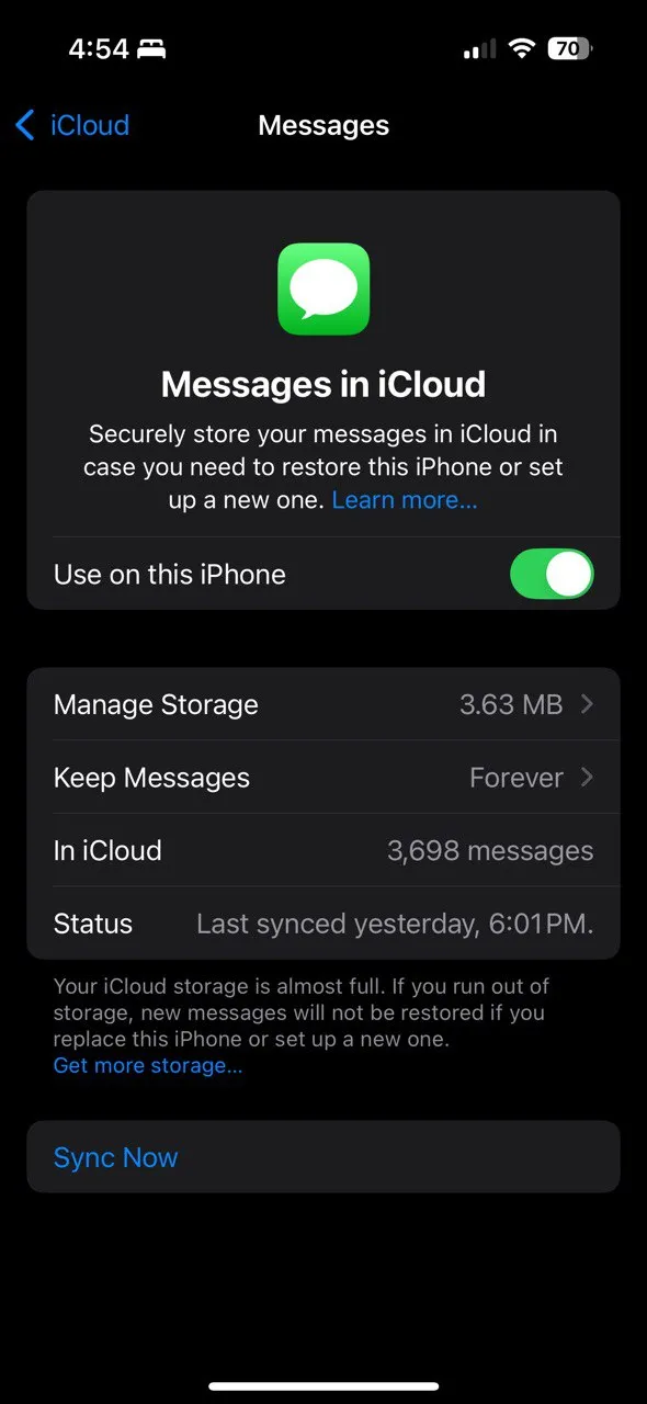 Cài đặt ứng dụng sao lưu vào iCloud, hiển thị Tin nhắn