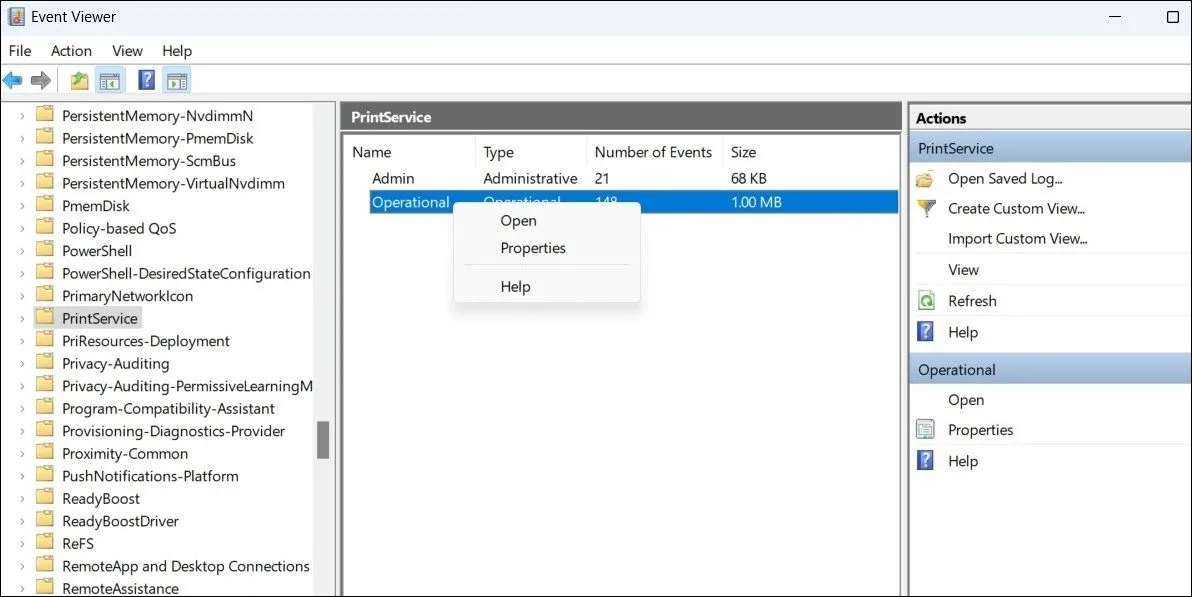 Cấu hình nhật ký PrintService trong Event Viewer để xem lịch sử in