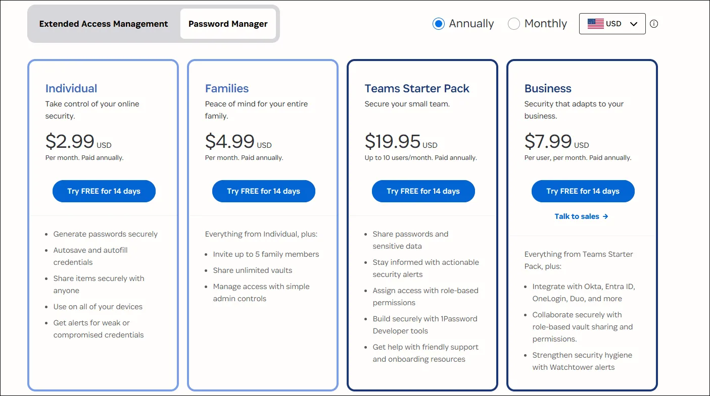 Chi tiết bảng giá dịch vụ quản lý mật khẩu 1Password