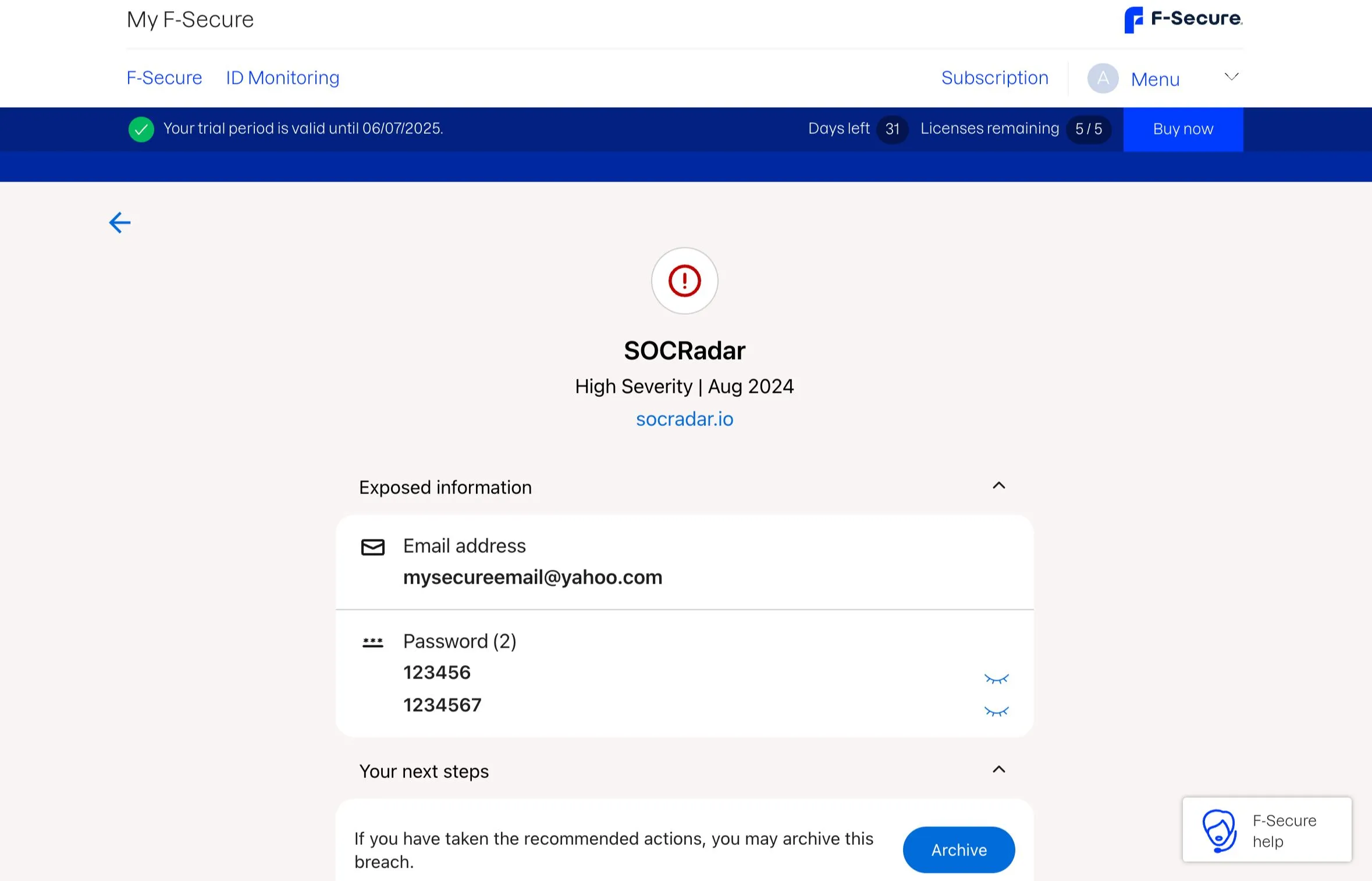 Chi tiết vụ rò rỉ dữ liệu trên F-Secure ID Protection, hiển thị thông tin bị lộ và mức độ nghiêm trọng