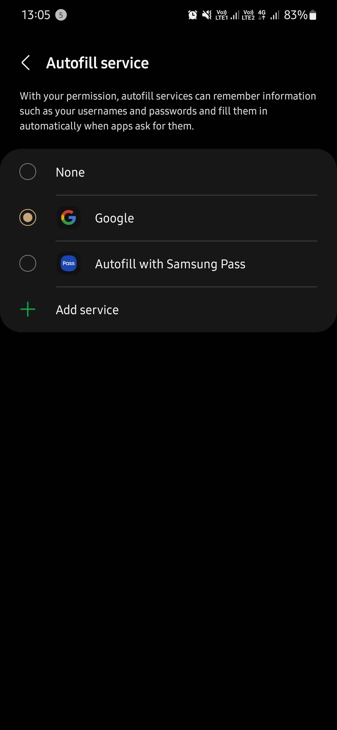 Chọn Google làm dịch vụ tự động điền mật khẩu trên điện thoại Samsung