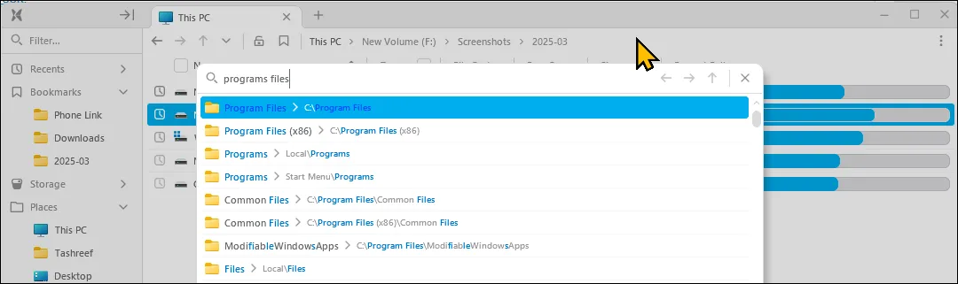 Chức năng GoTo của File Pilot hiển thị kết quả tìm kiếm thư mục trực tiếp từ thanh địa chỉ trên Windows 11.