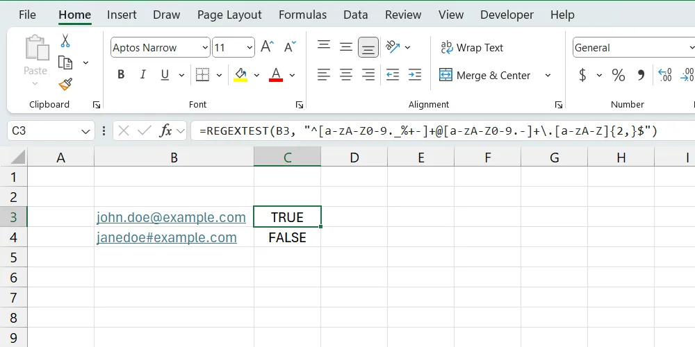 Chức năng REGEXTEST trong Excel, minh họa khả năng xử lý biểu thức chính quy.
