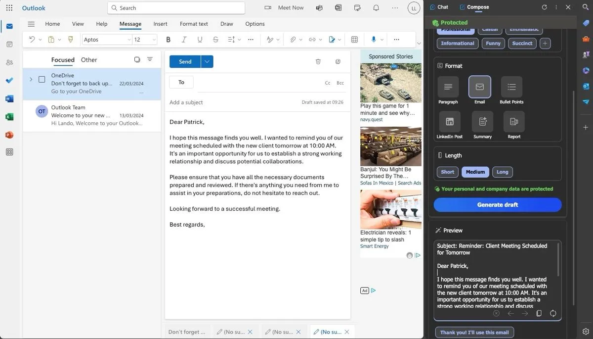 Copilot trên trình duyệt Edge đang hỗ trợ tạo bản nháp email theo dõi cuộc họp