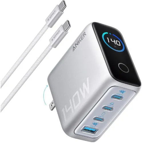 Củ sạc Anker 140W màu bạc với màn hình hiển thị và các cổng sạc phía dưới.