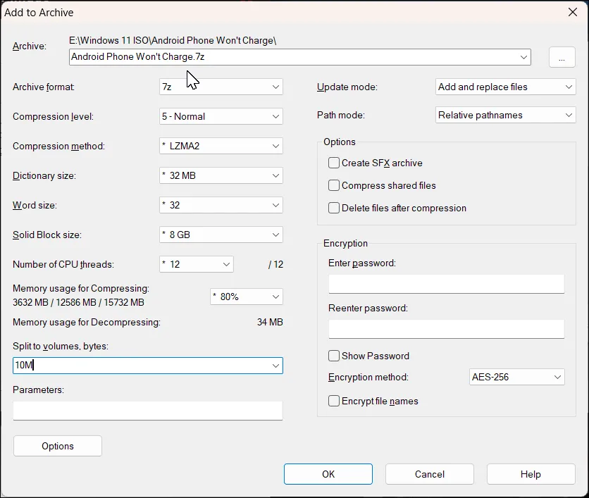 Cửa sổ 7-Zip Add to Archive thiết lập thông số chia file theo dung lượng