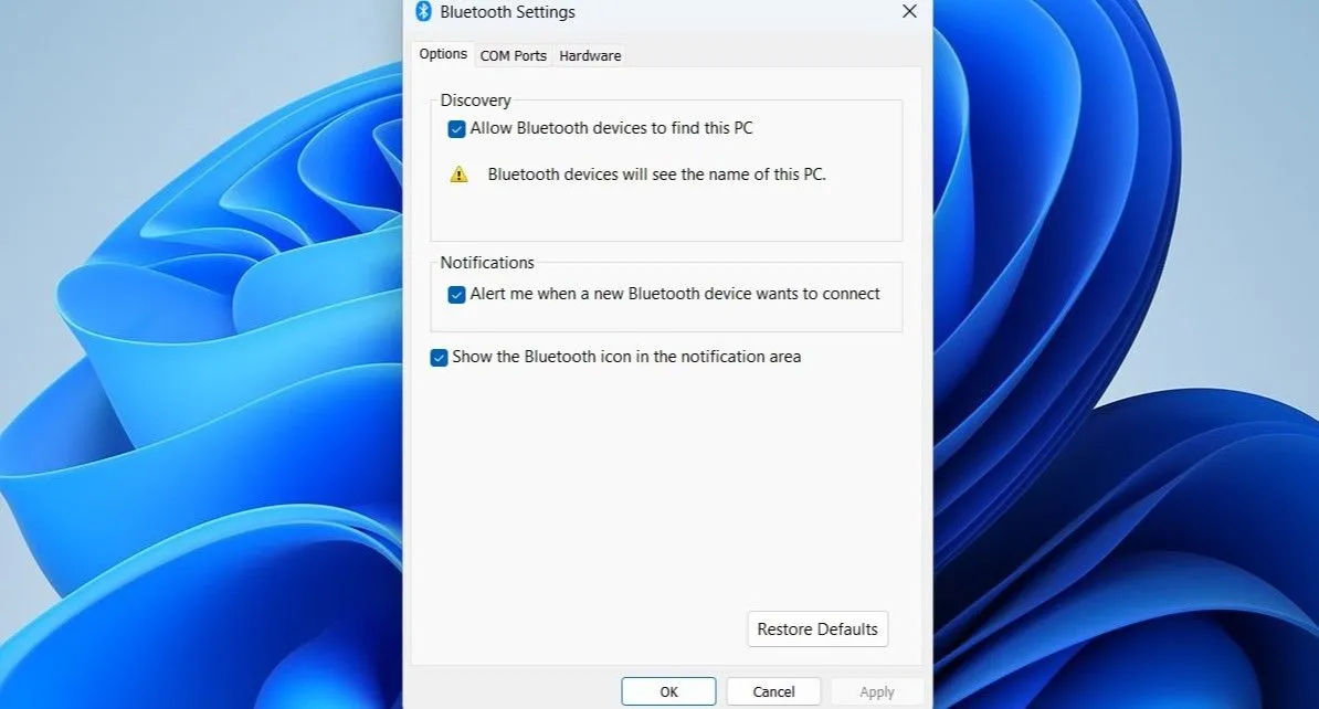 Cửa sổ Cài đặt Bluetooth và Thiết bị trong Windows, với tùy chọn hiển thị biểu tượng Bluetooth